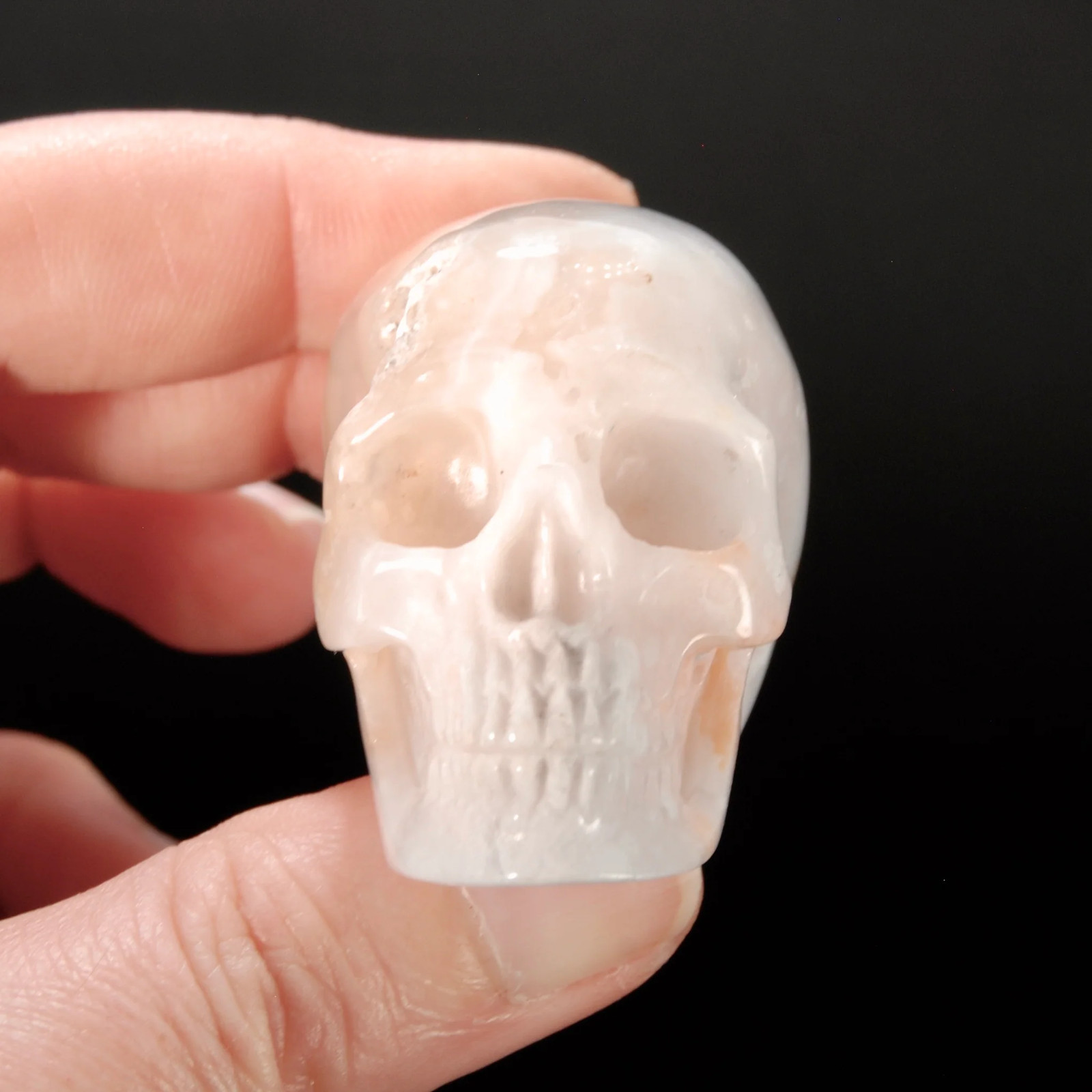 2in Sakura Flower Agate Carved Crystal Skull, Realistic Peach White Flower Agate