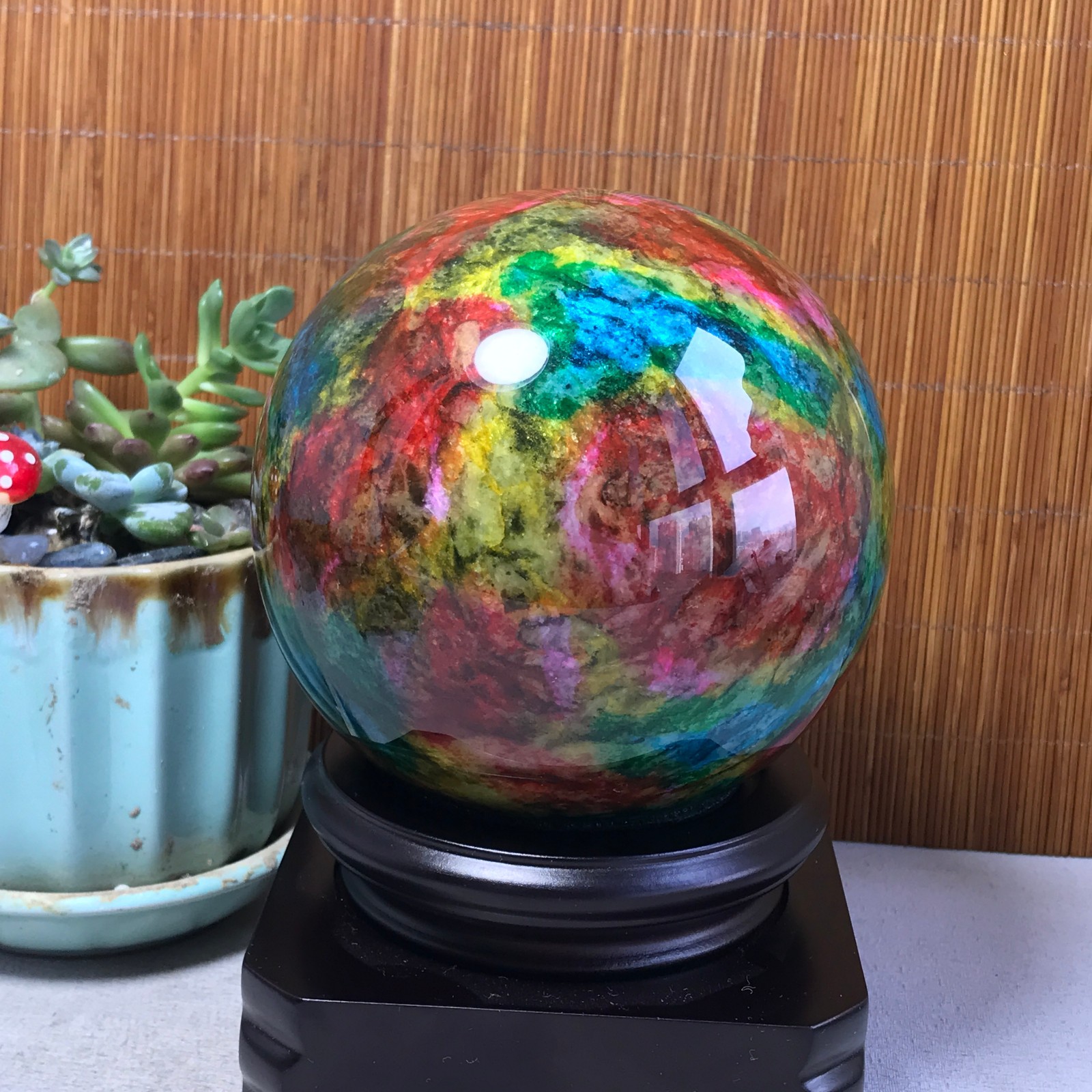 Natural “Seven Colors Jade” sphere Ball -Taiwan China 1.84kg Base Random A5803