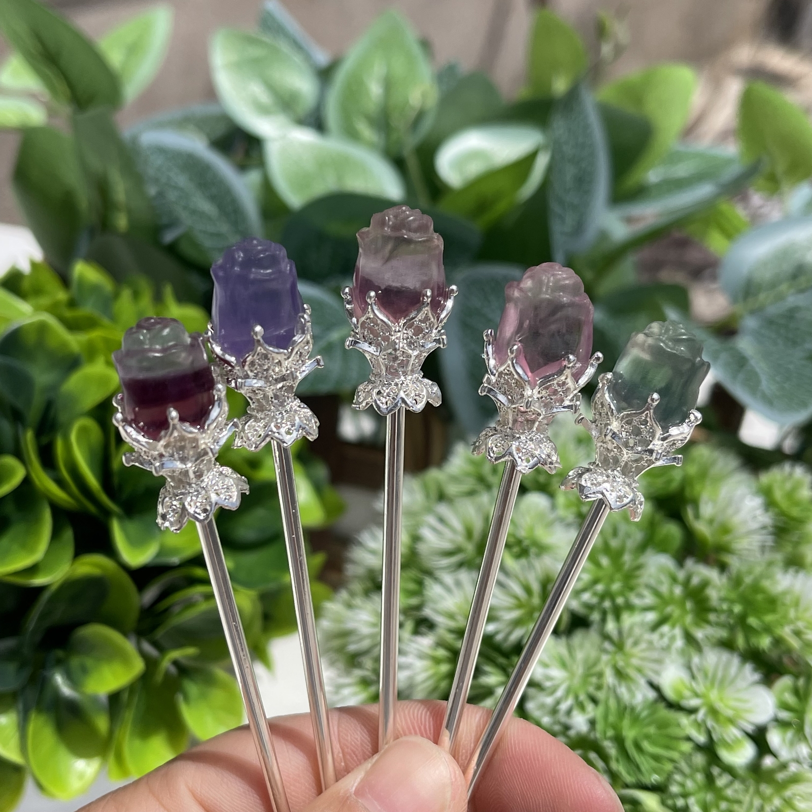 5pc Natural fluorite carved rose hairpin quartz crystal reiki healing random
