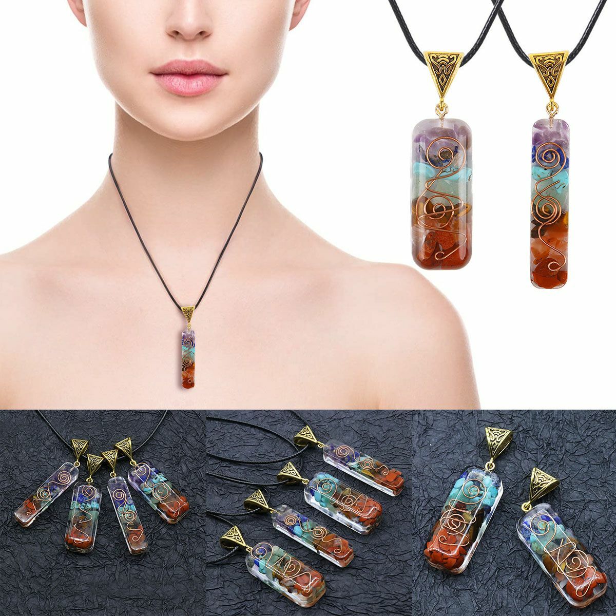 7 Chakra Gemstone Orgone Energy Generator Pendant Copper Coil Orgonite Necklace