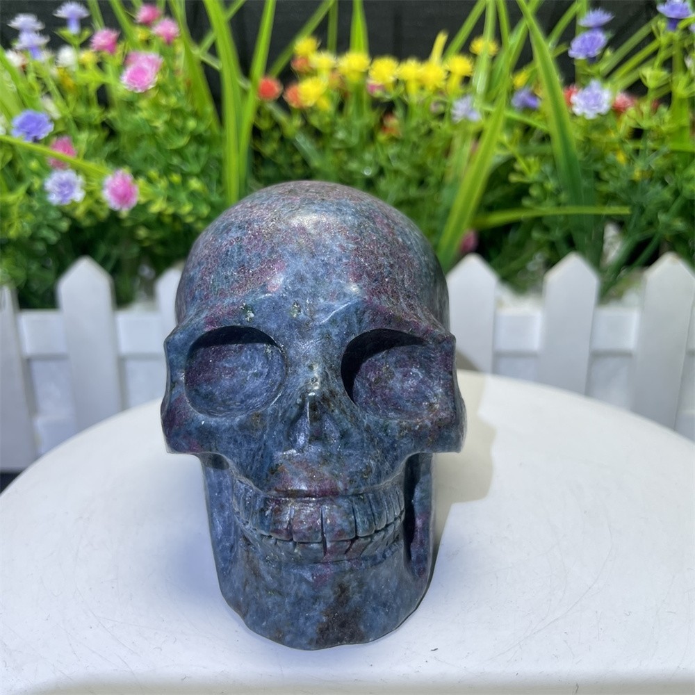 1.3LB 3.1″ Natural Ruby In Fuchsite Skull Carving Crystal UVHealing Carved Decor