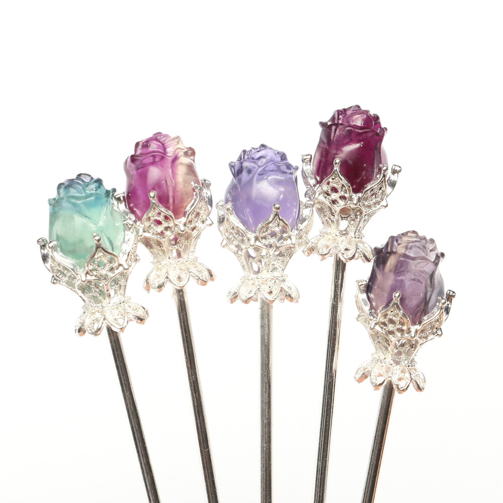 Natural Fluorite Flower Fruits Crystal Quartz Carved Hairpin Gifts Reiki Healing