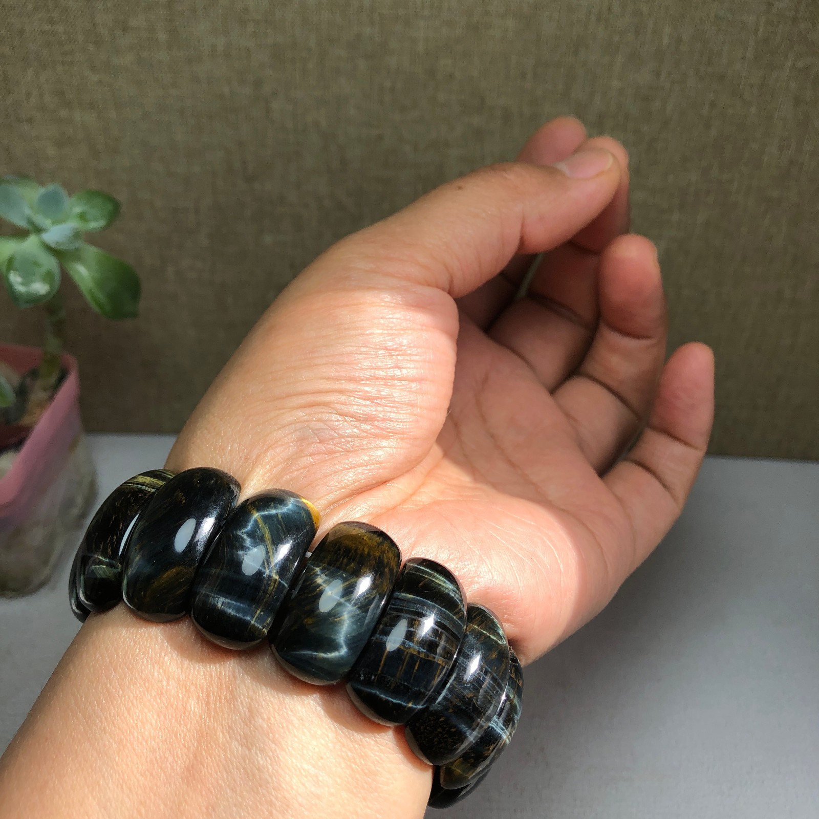 24-12-6mm Natural tiger eye slice quartz Crystal Hand cut polish bracelet A1390
