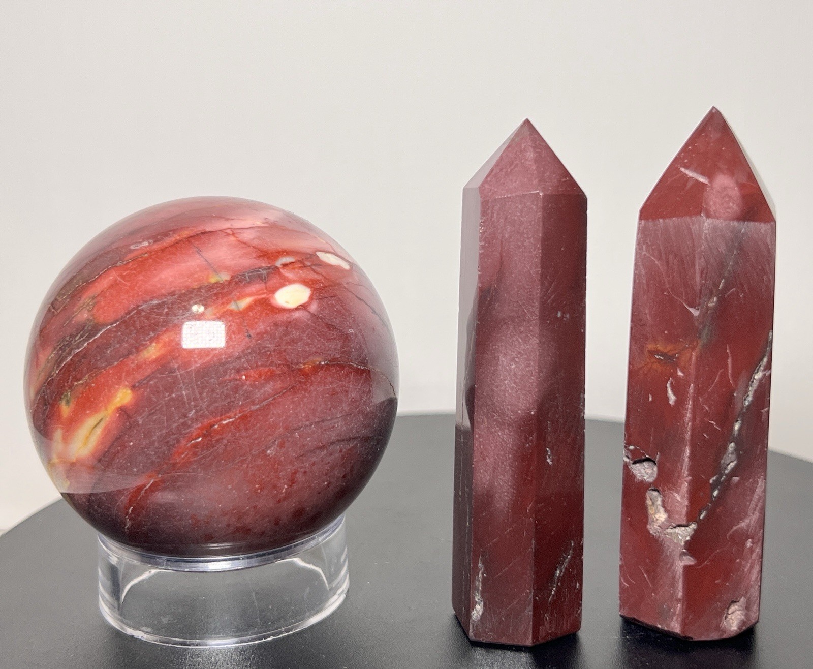 Mookaite 3 Piece Set – 2 Towers & Sphere (65mm) w/holder -see description & pics