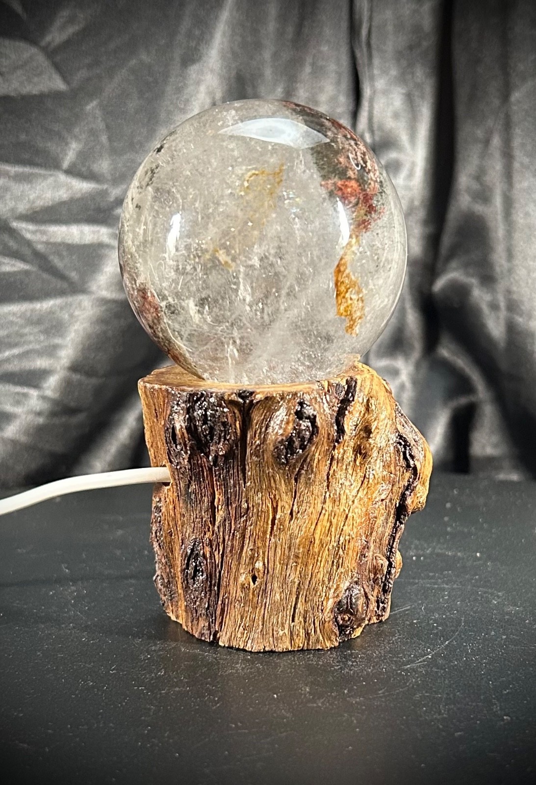 2.34 inch Garden Quartz Sphere With Custom Lighted Natural Wood Stand