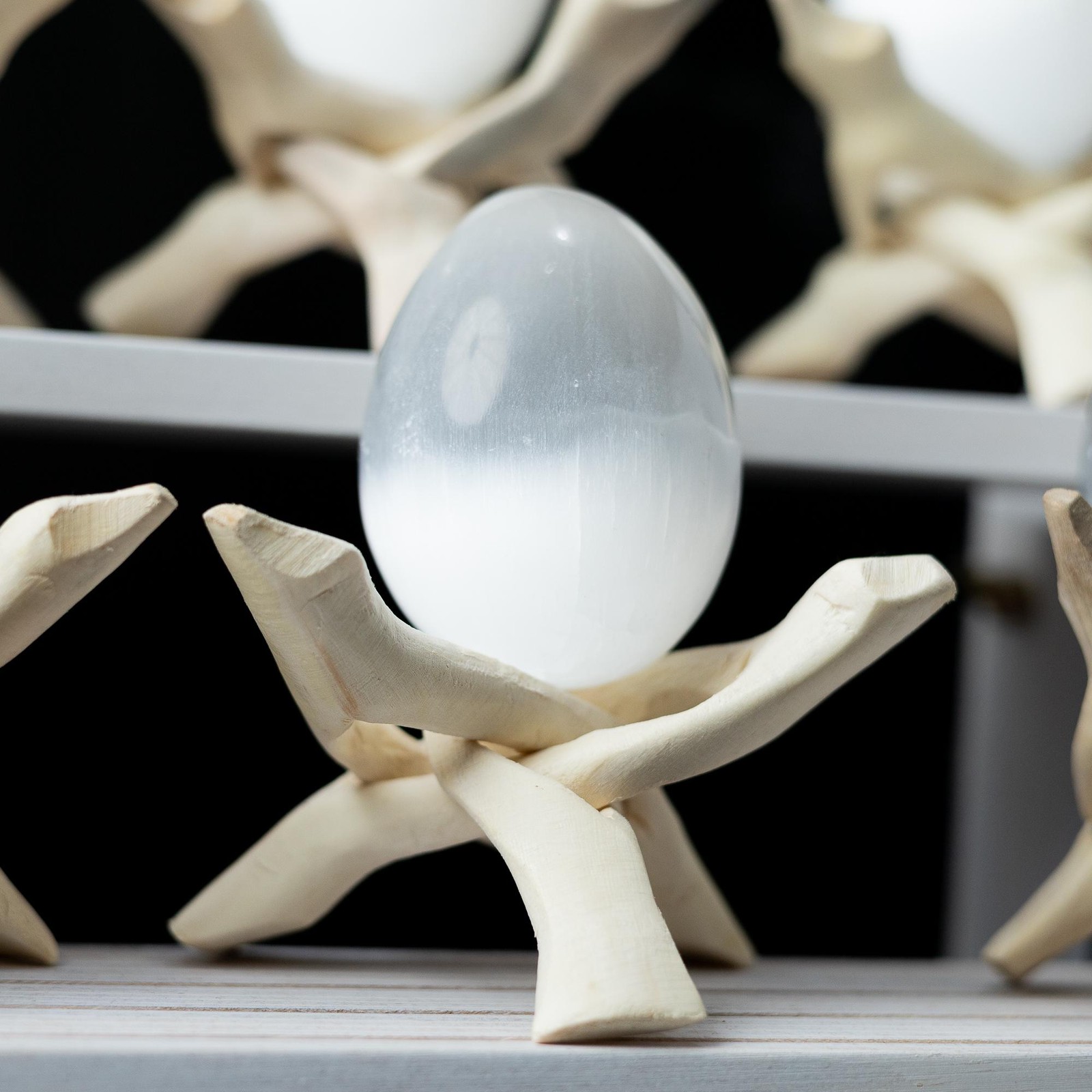 Selenite Egg with Wooden Tripod Stand Polished White Crystal Charging Stone Gift