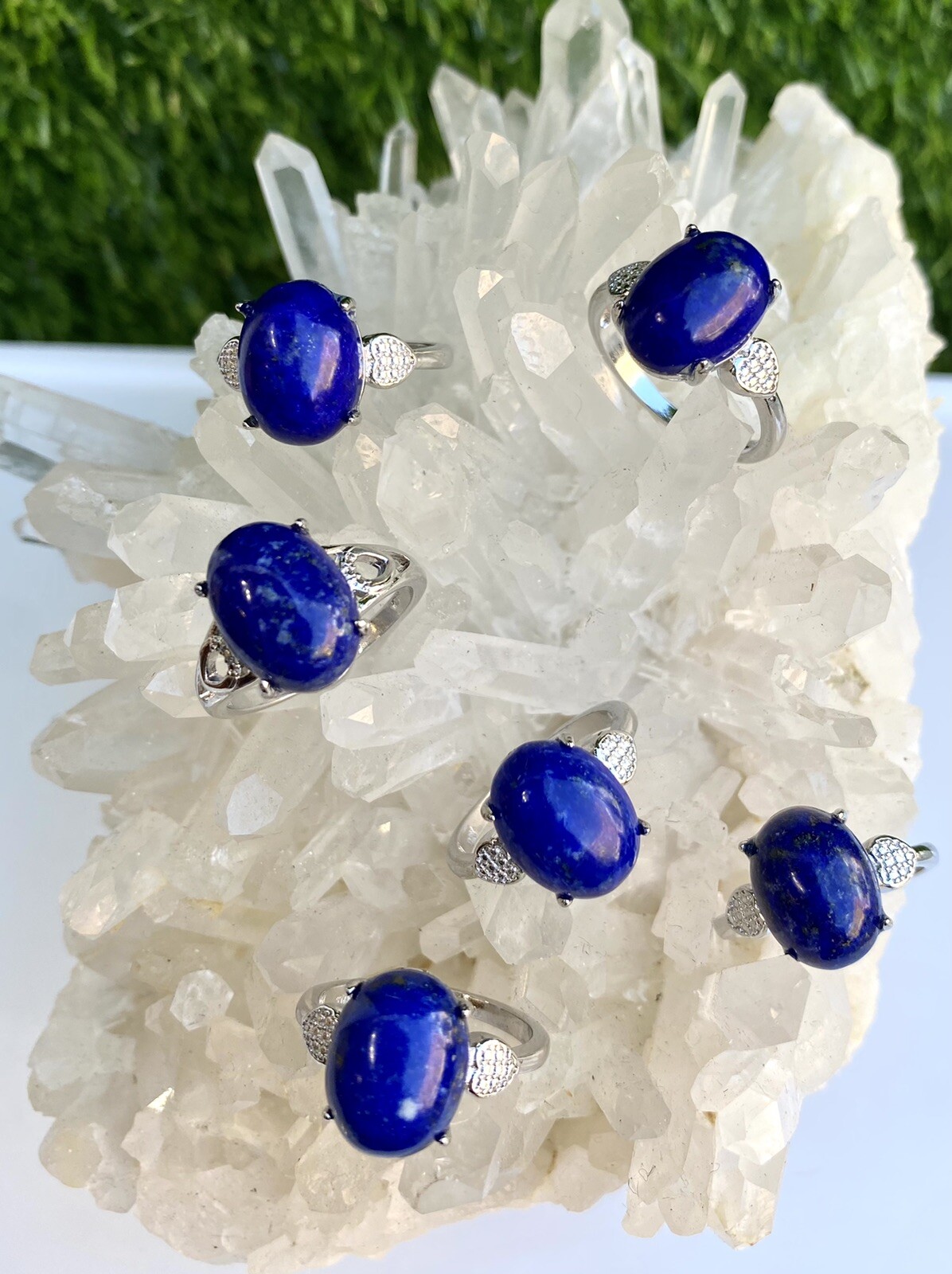 Wholesale Lot 6 Pcs Natural Lapis Lazuli White Bronze Rings Crystal