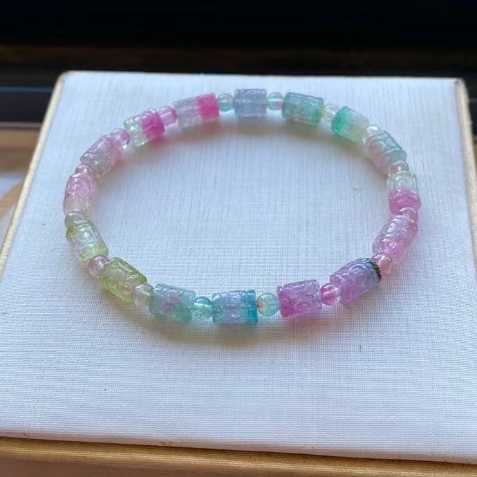 11.5g TOP Natural Rainbow watermelon tourmaline Gemstone Bucket bead bracelet A+