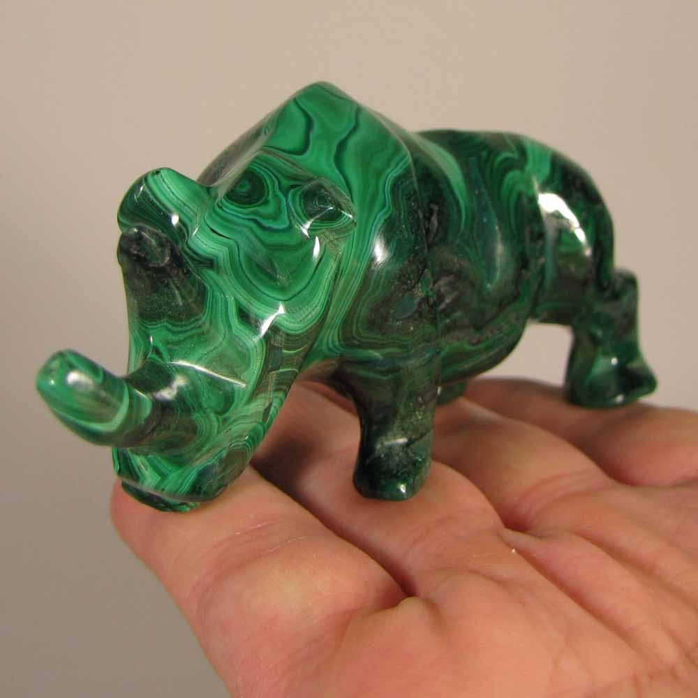 4.3″ Handcarved MALACHITE RHINOCEROS Gemstone Animal Carving – Congo, Africa