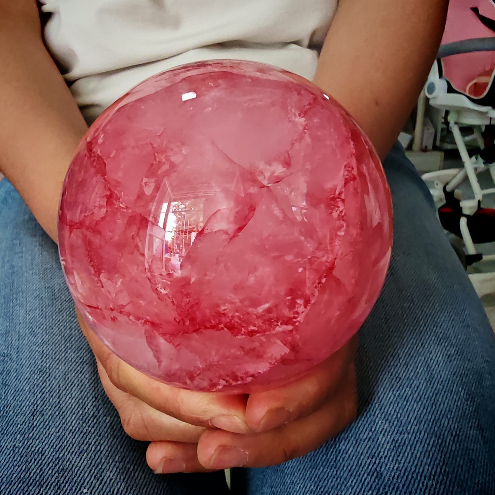 2.42LB TOP Natural Red gum flower quartz ball crystal Hand carved Decorative