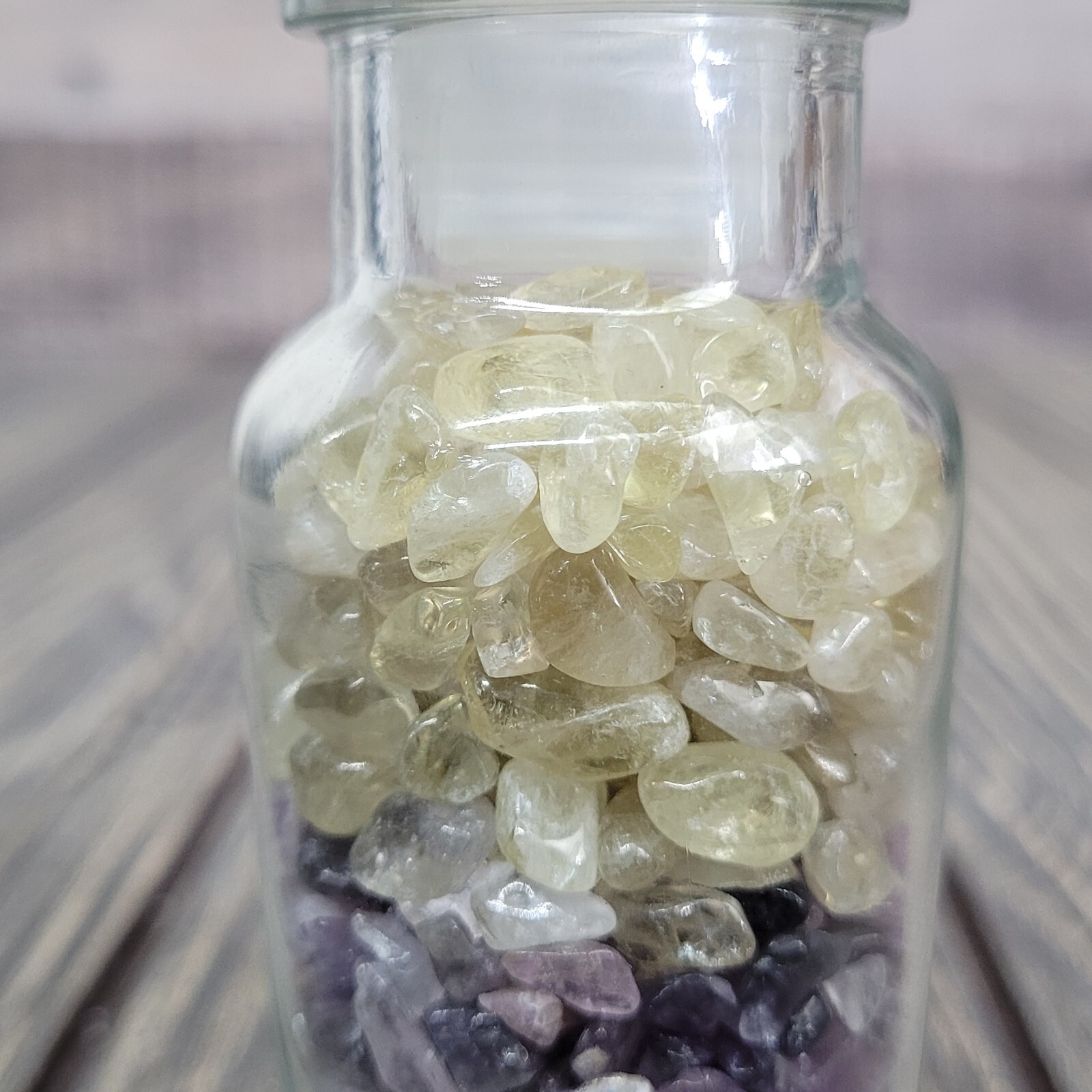Amethyst & Citrine 4oz Vintage Apothecary Glass Jar of Crystal Tumbles Wagner