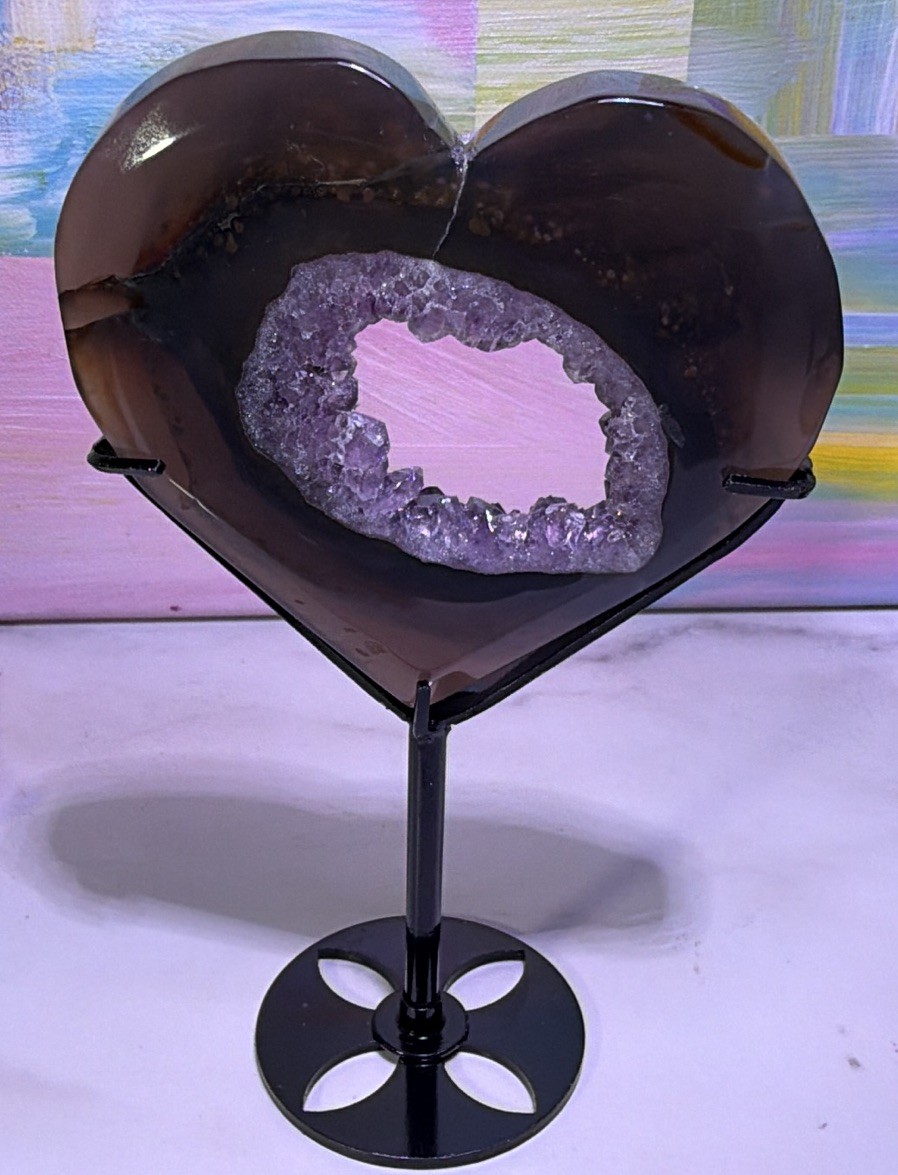 Heart-Shaped Purple Crystal Geode Slice Decor on Black Metal Stand, 6 in Tall