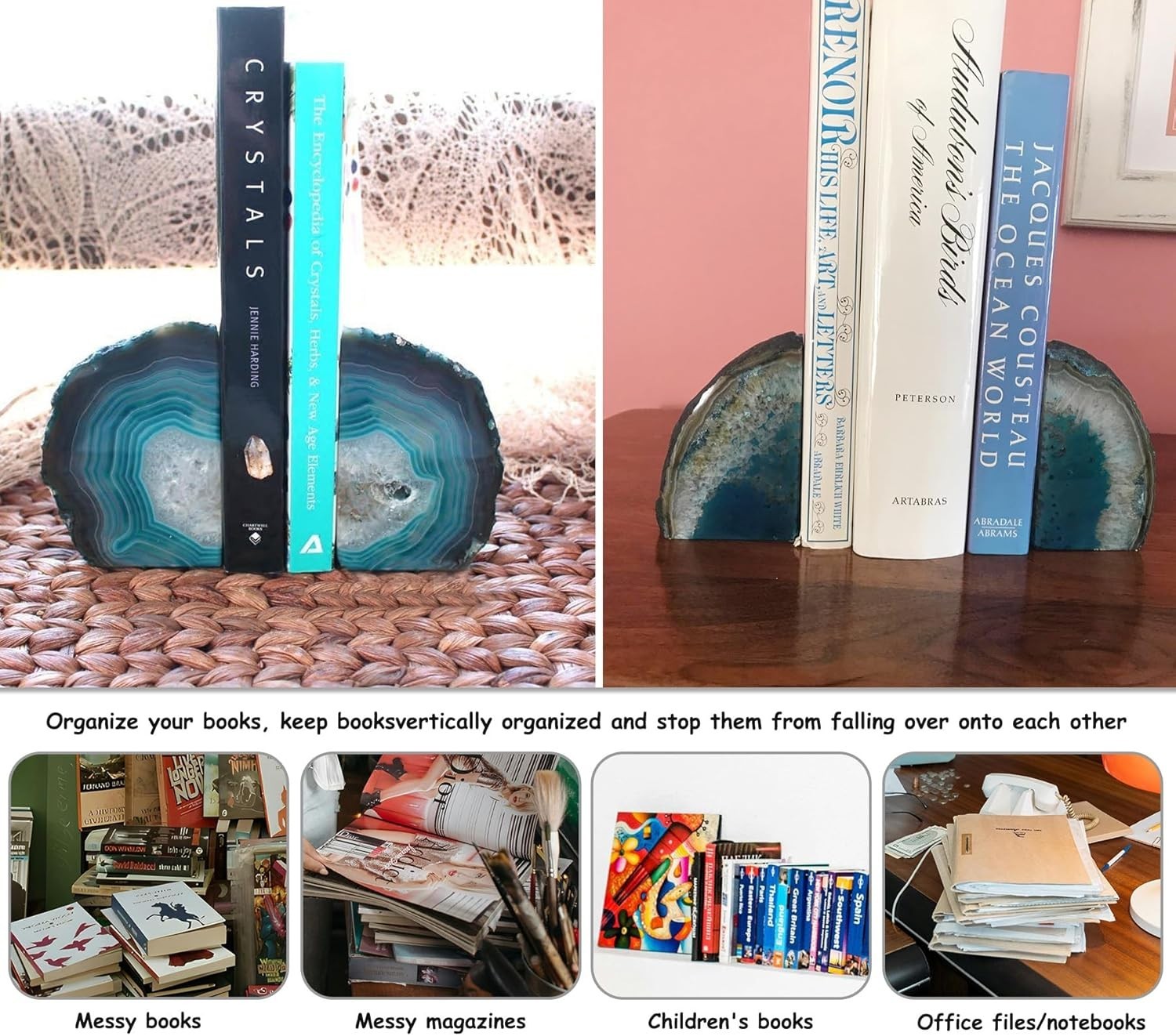 Elegant Teal Agate Bookends for Heavy Books – Lightweight Yet Sturdy Design