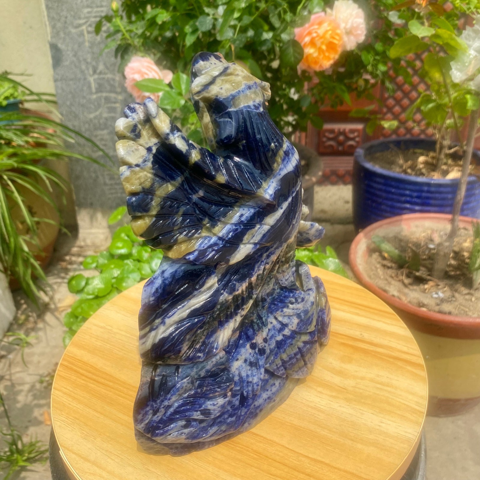 6.61LB Natural Blue Vein Stone Phoenix Carving, Home Decoration