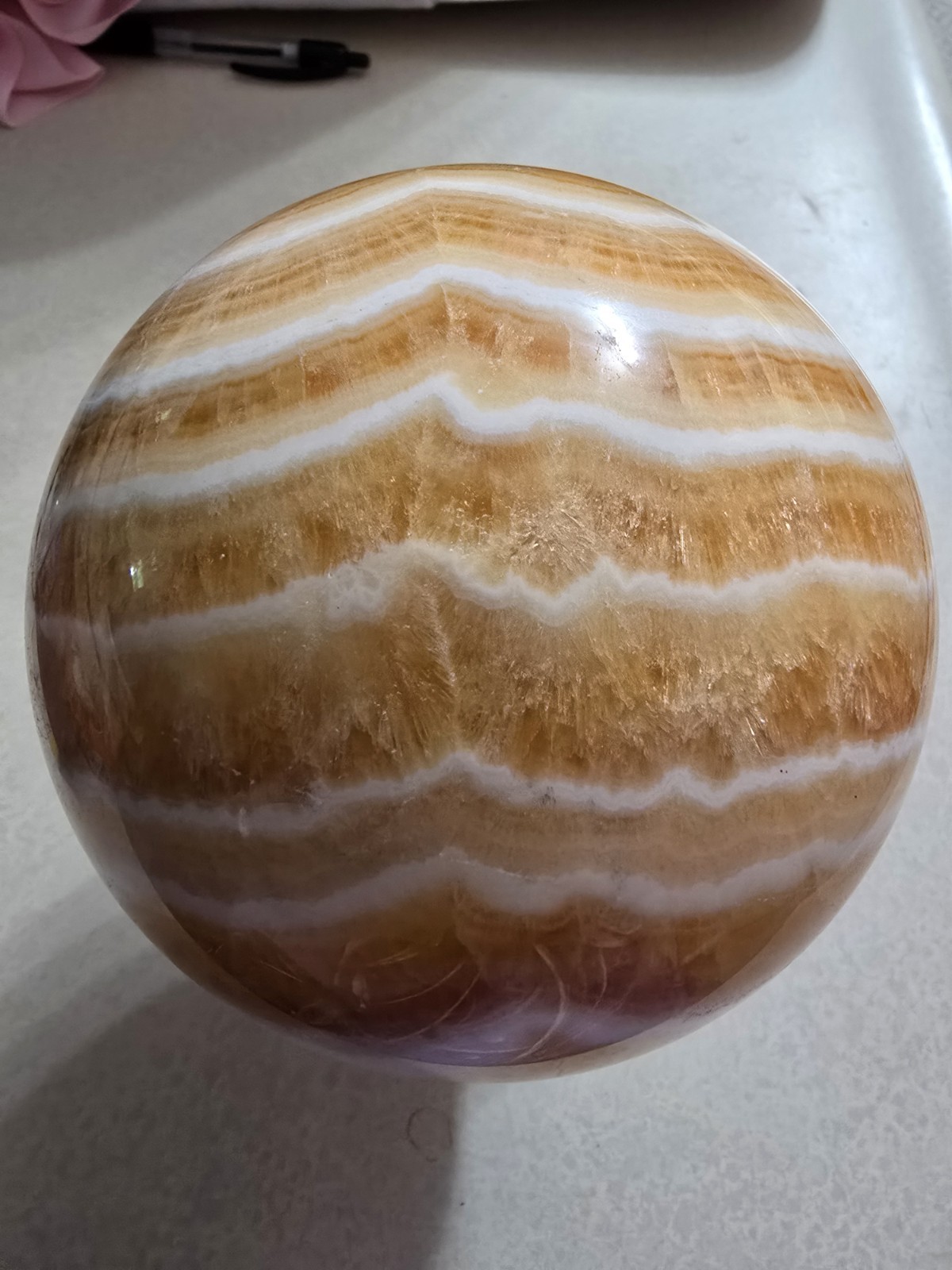 Orange Banded Calcite Polished Sphere Display, 4.47 in & 5.5 lbs W/Stand.