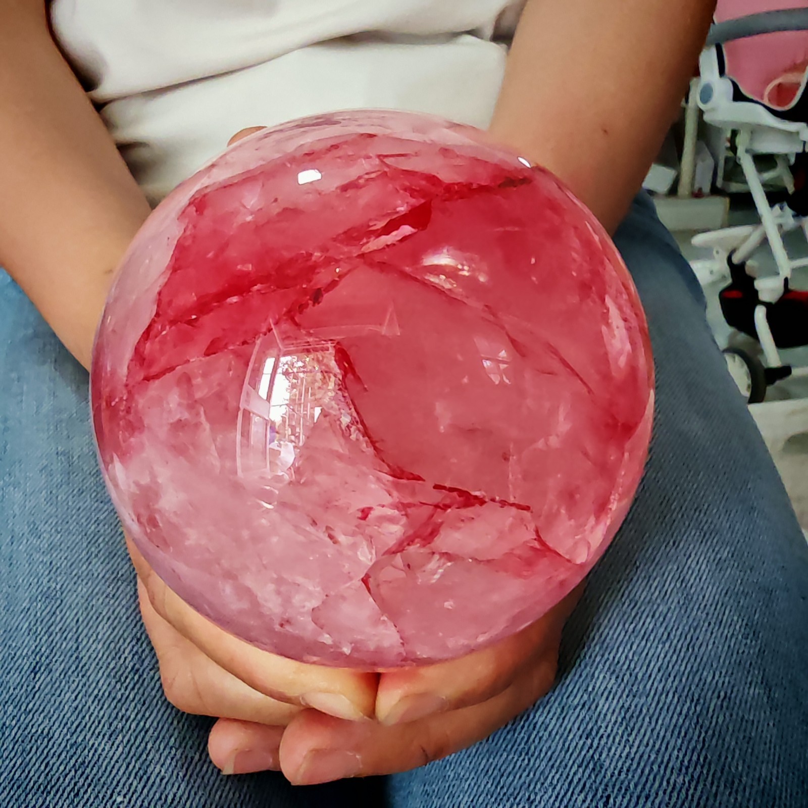 2.42LB TOP Natural Red gum flower quartz ball crystal Hand carved Decorative