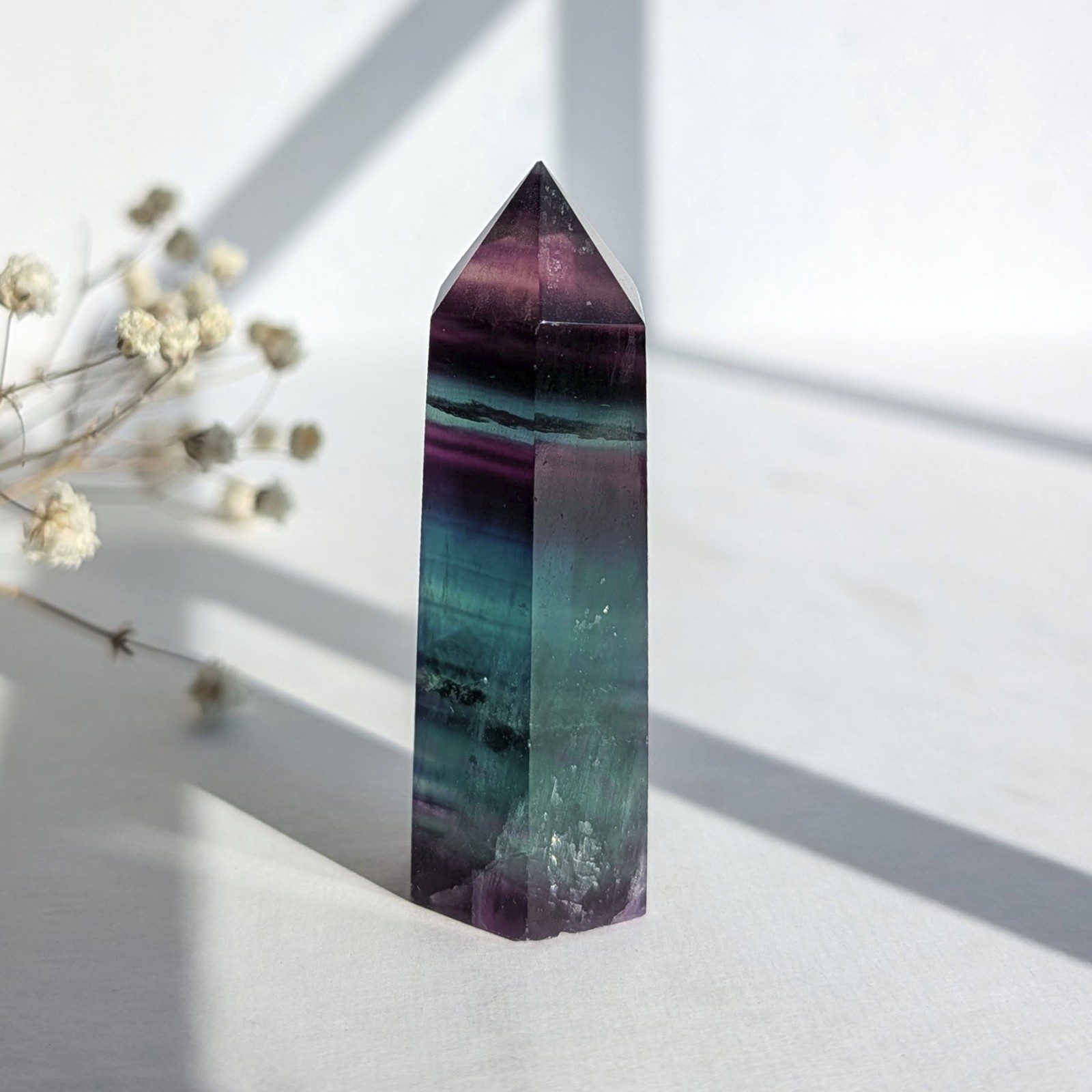 2.3″ watercolor banded fluorite tower point, purple blue teal rainbow fluorite