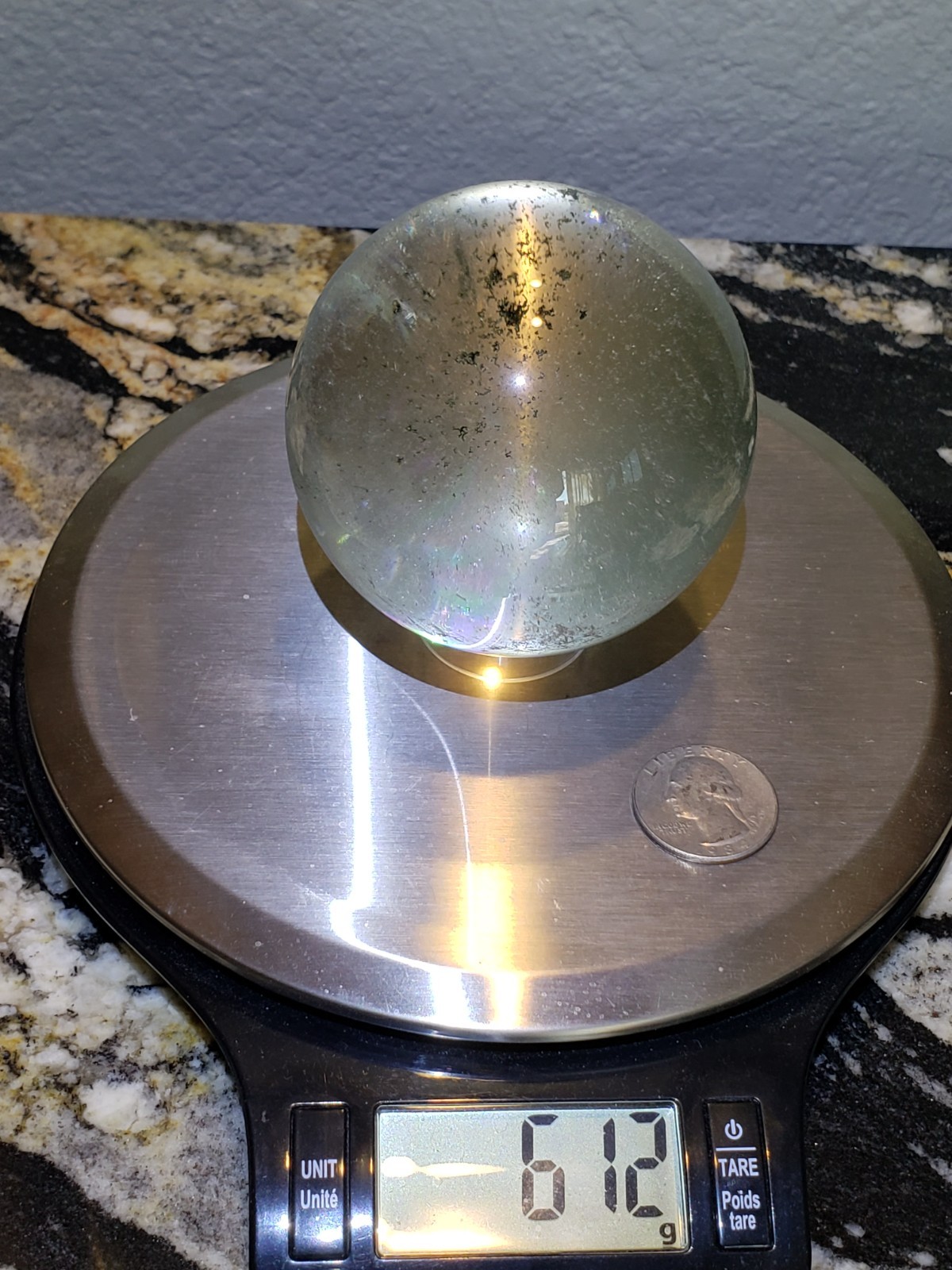 3″ Clear Green Garden Quartz Crystal Sphere Orb Ball Rainbows, 612g or 1.3 lbs