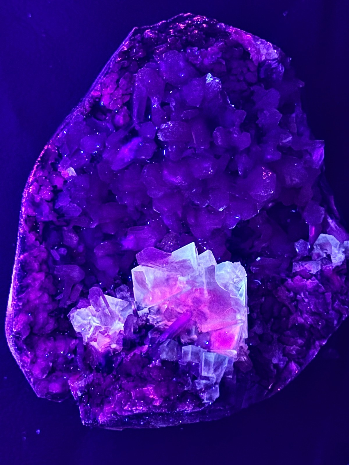 Rare Calcite Stellerite Julgodite Geode India Dual Wave UV Fluorescent Stand