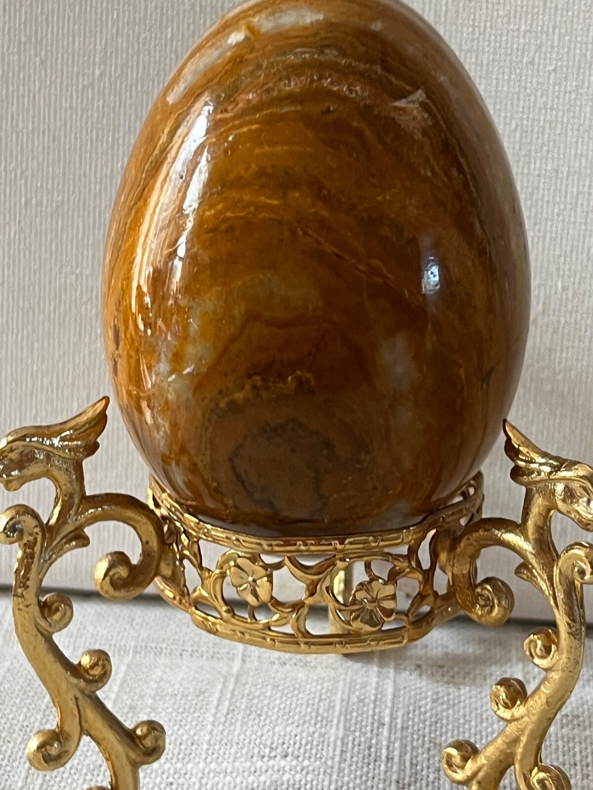 Gold Tripod dragons stand brown and reddish-brown stone Brazilian jasper egg..