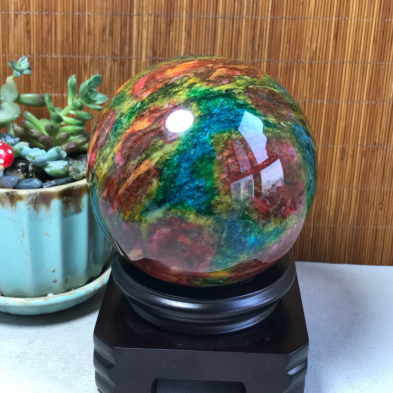 Natural “Seven Colors Jade” sphere Ball -Taiwan China 1.85kg Base Random A5805