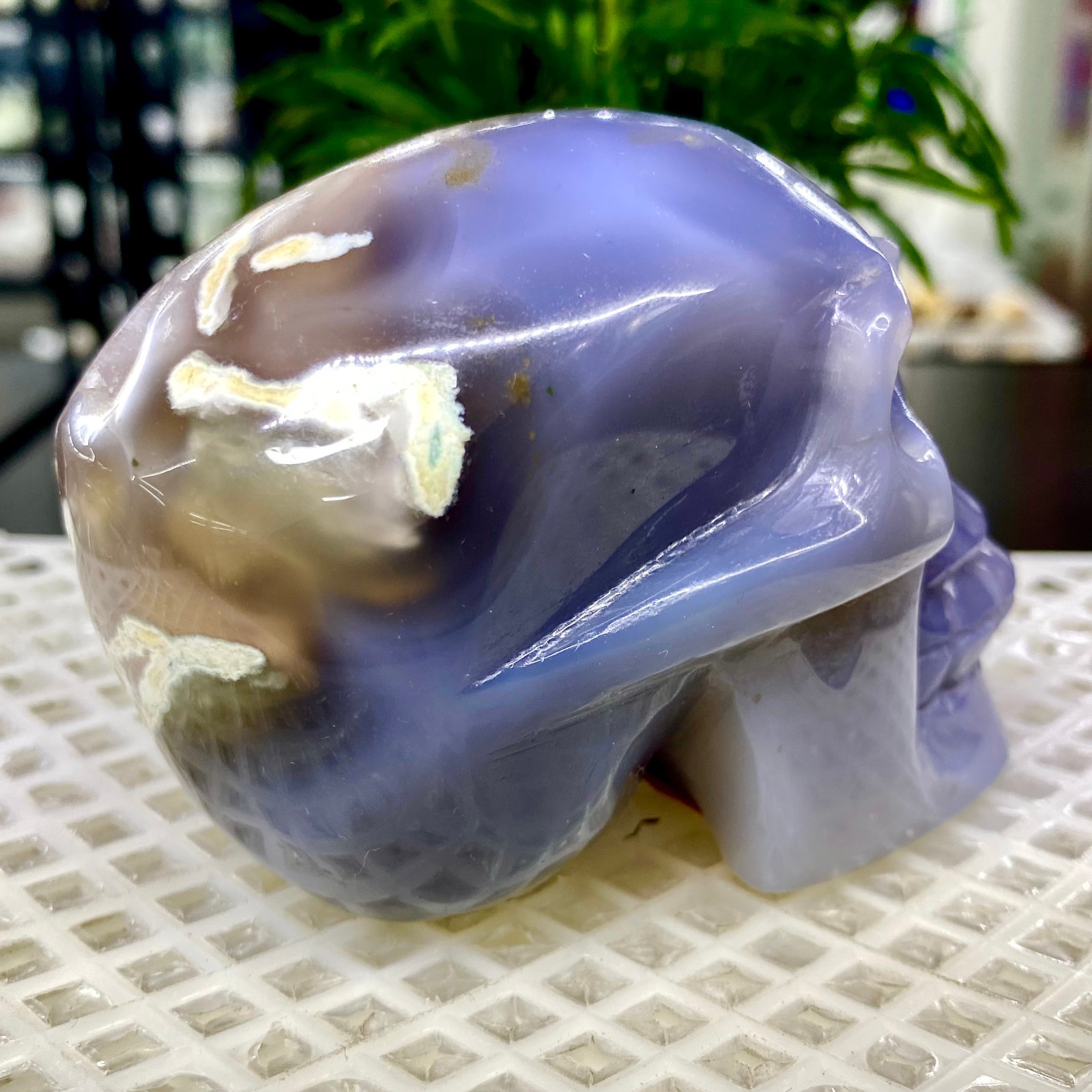 465G Natural Crystal Rare Banded Blue Flower Agate Skull Carving