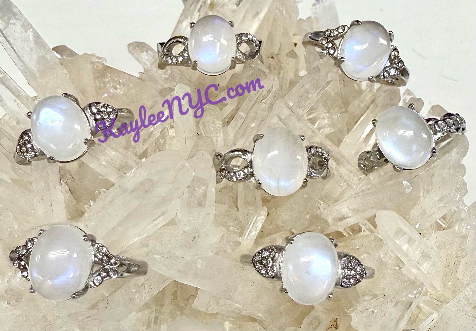 Wholesale Lot 7 Pcs Natural Moonstone Stainless Steel Rings(316) Crystal 8x10mm