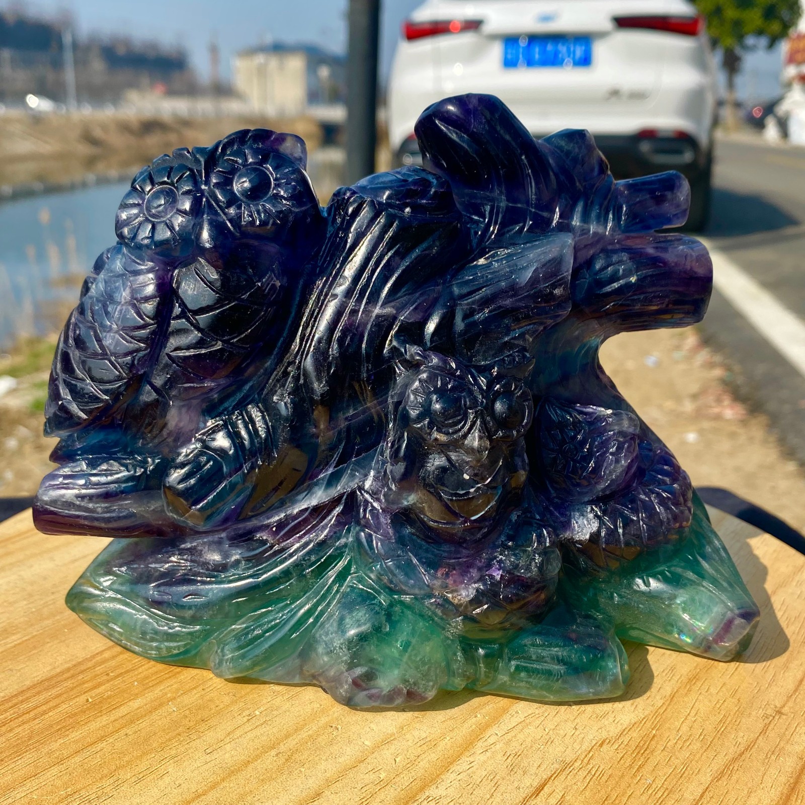 4.96LB Natural Fluorite Hand Carved Owl Statue Crystal Healing Reiki Stone