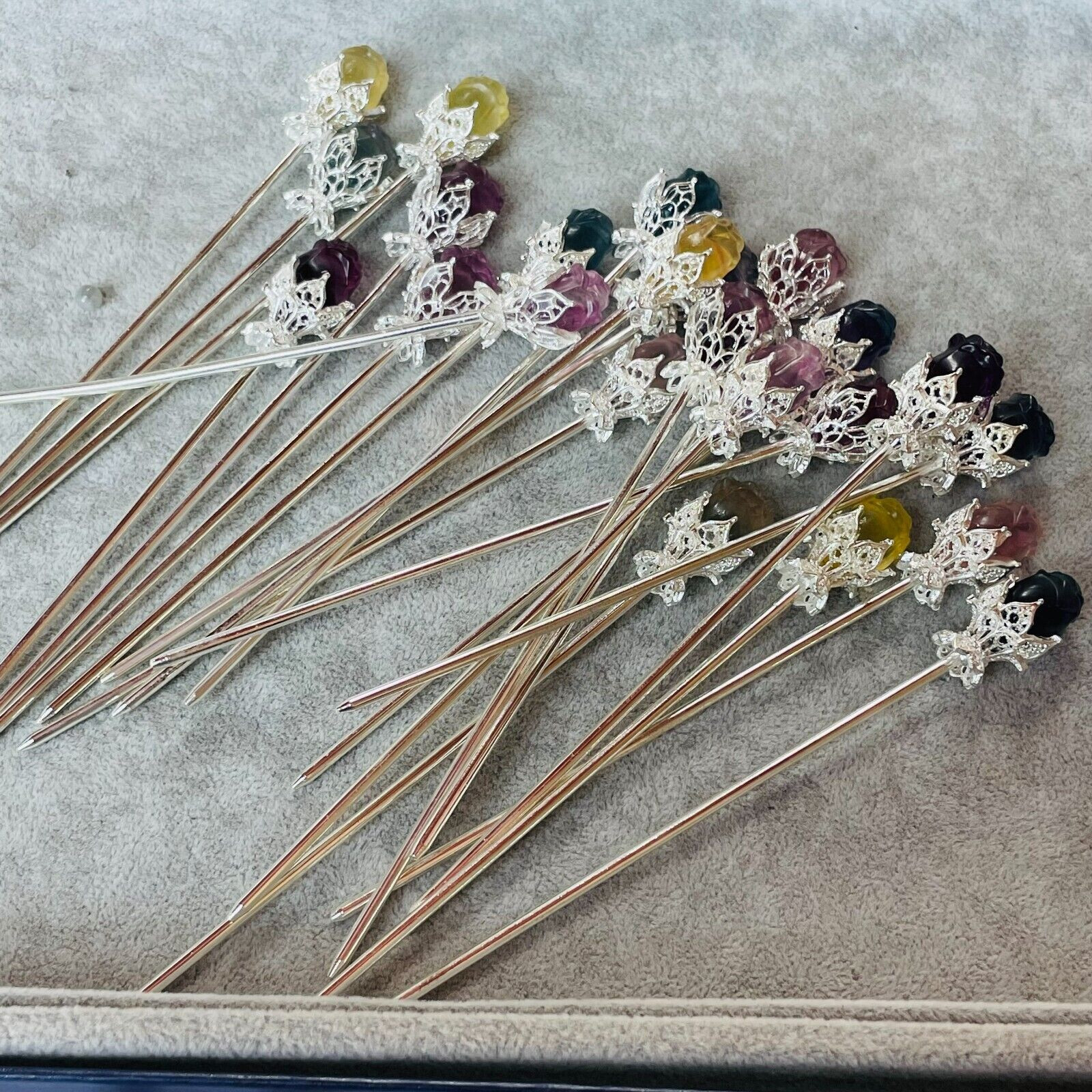 5pc Natural Fluorite Carved Flower Rose Hairpin Quartz Crystal Reiki Healing