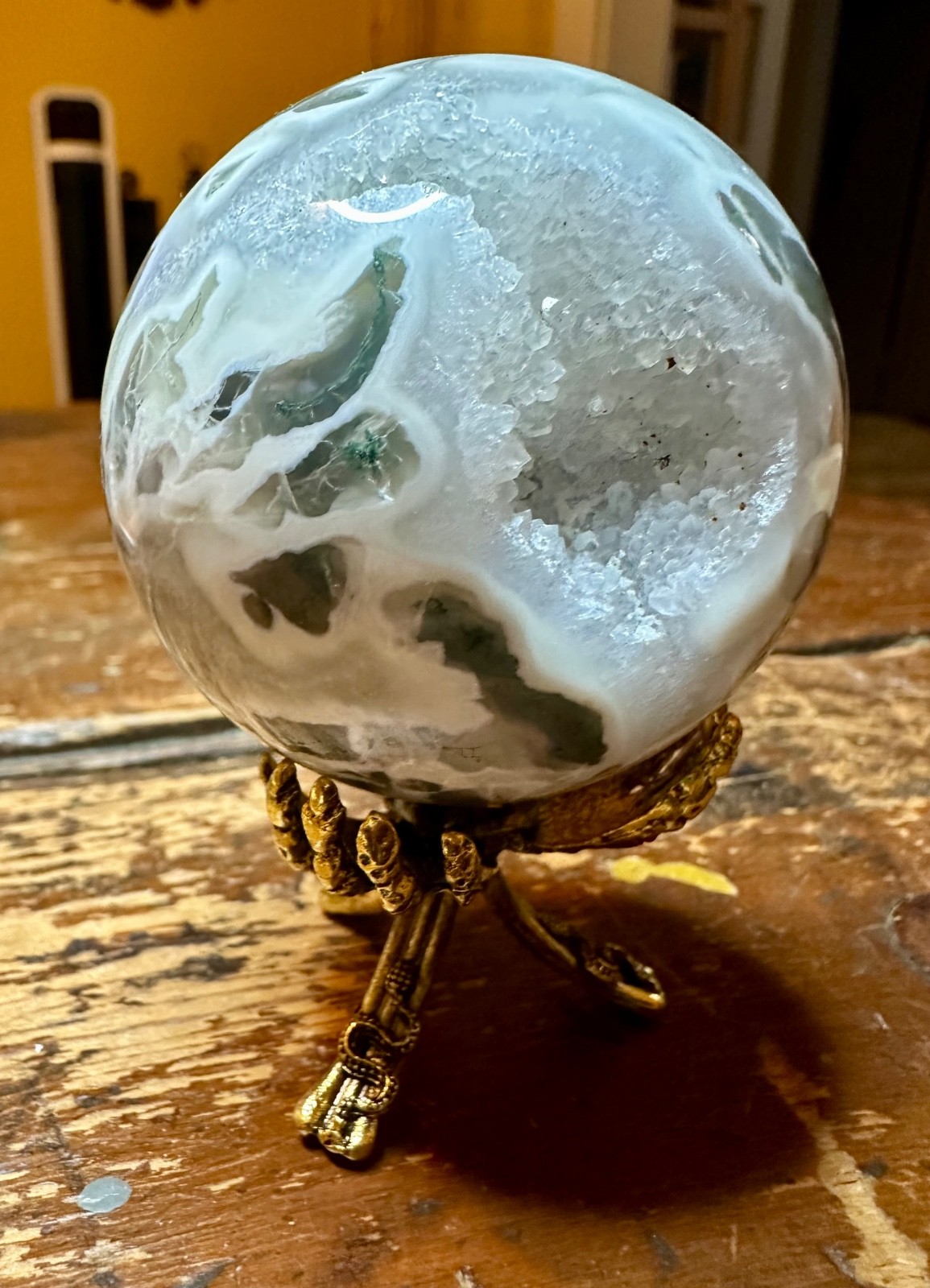 Light green moss agate crystal sphere with druzy metal stand Free shipping