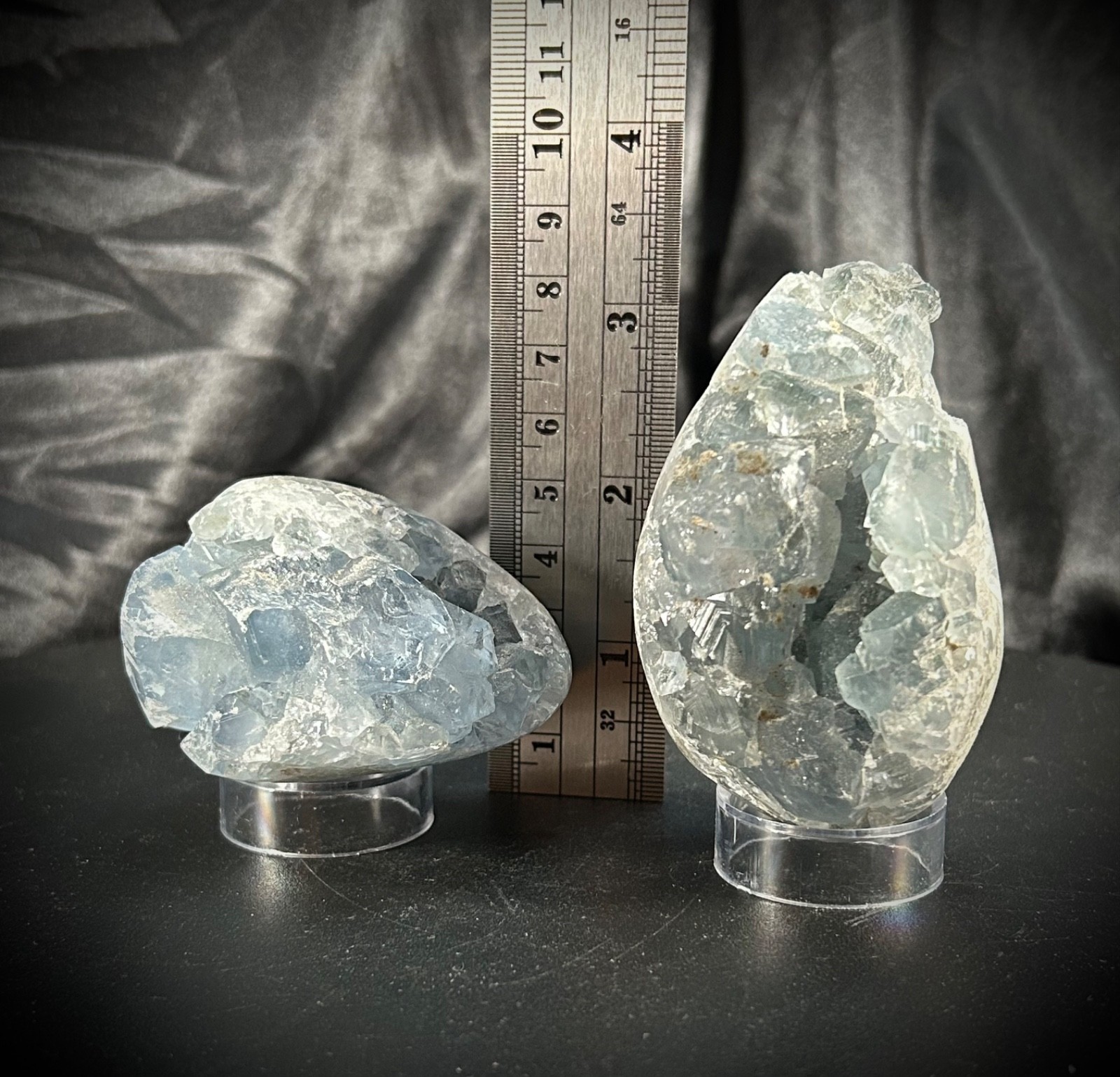 Pair of Celestite Freeform Specimens with Clear Acrylic Stands 1lb 5.8oz