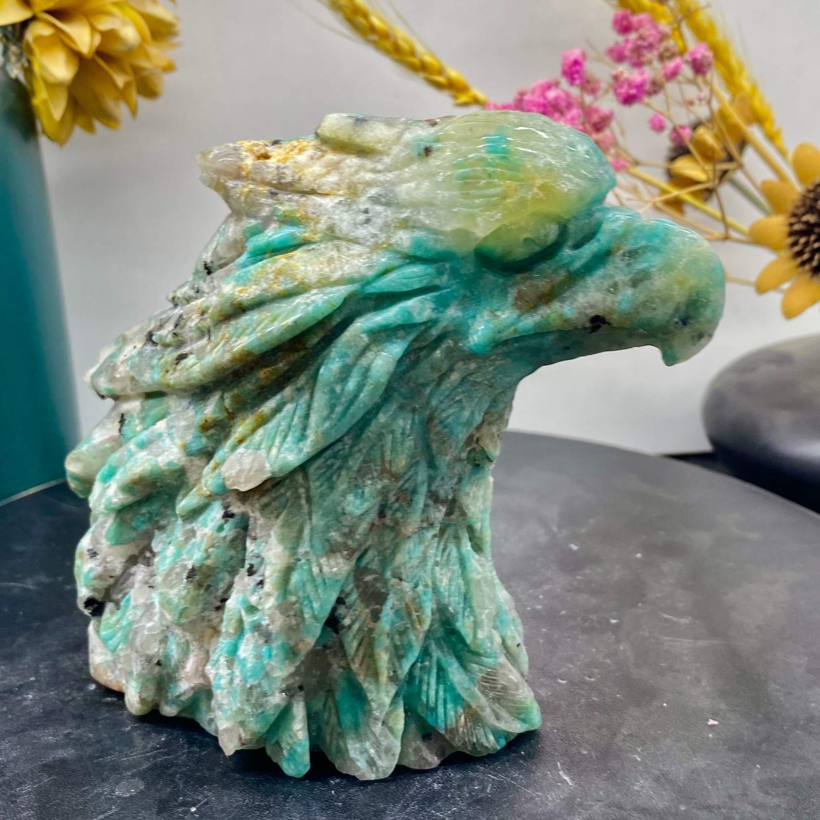 1.7LB Natural Amazonite Carved Eagle Figurine Hand Carved Crystal Hawk Reiki He