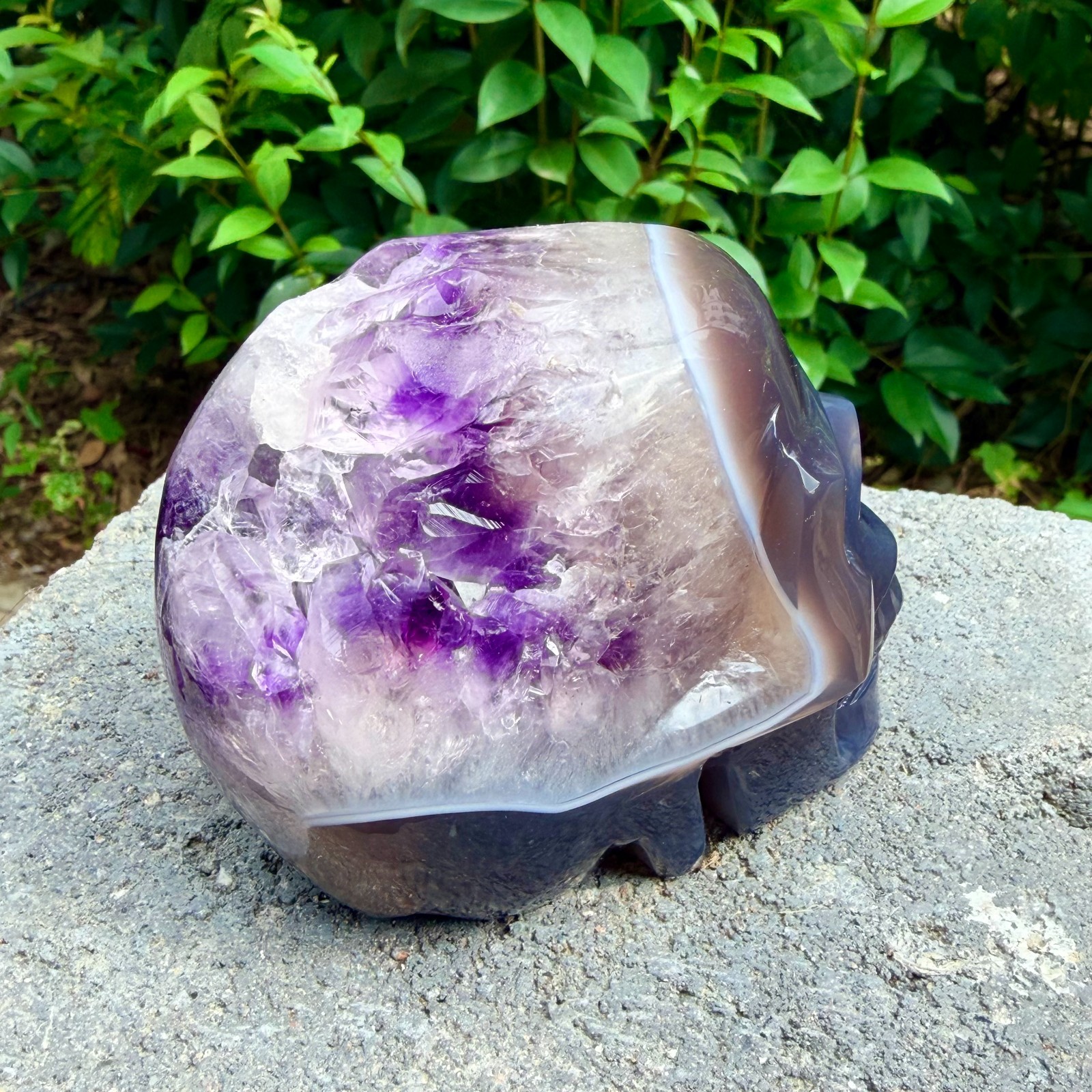 1.73lb Amethyst agate crystal cave skull, Rare hand carved skull specimen
