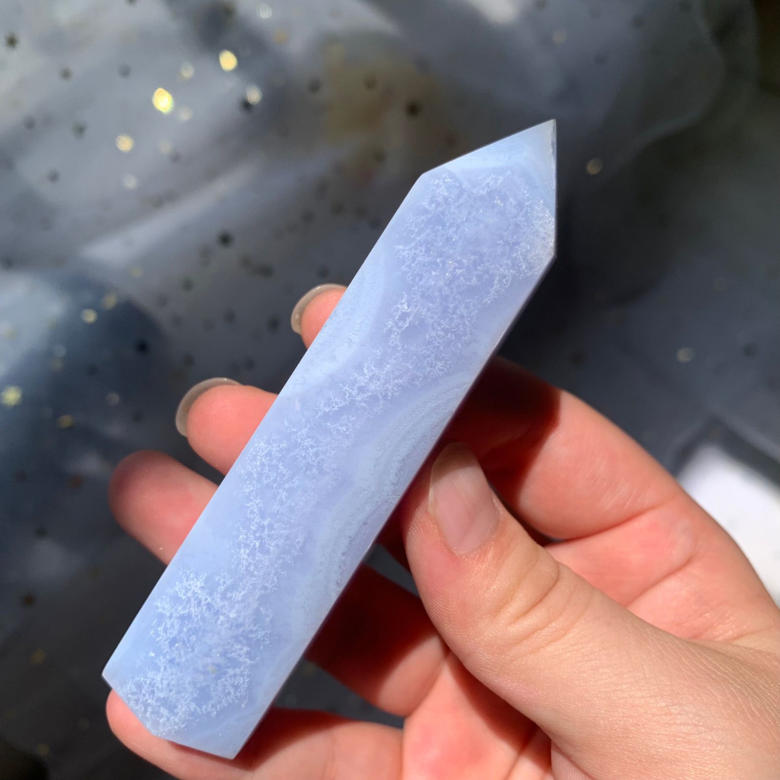 93g Blue Lace Agate Obelisk Point Healing Crystal Stone Sacred Geometry Decor