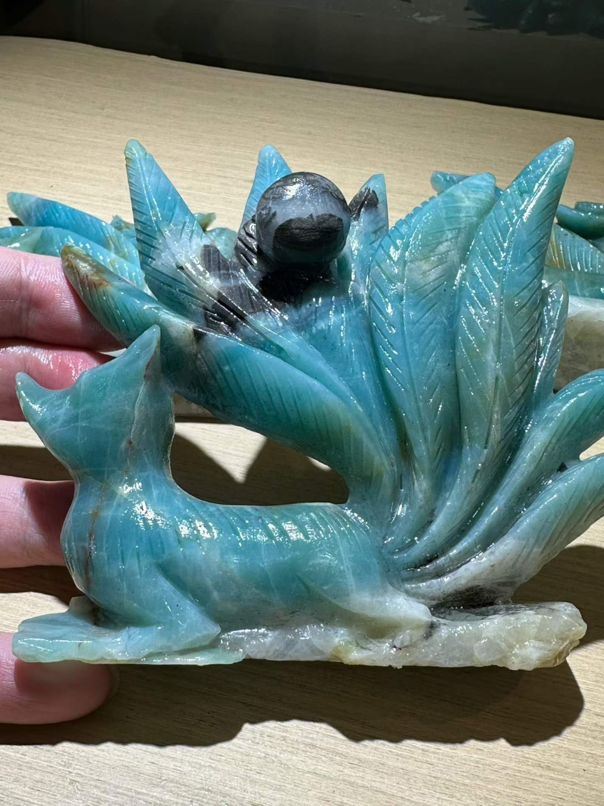 1pc Natural Amazonite Quartz Carved Nine-tailed fox Skull Crystal Decor