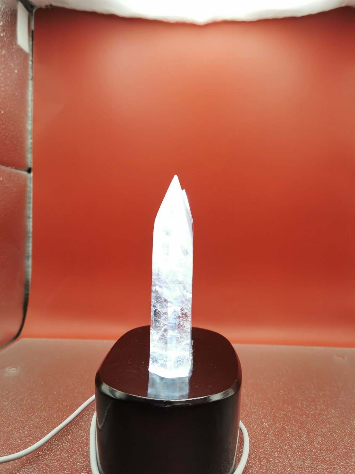 Natural Clear Quartz Double Point Obelisk Crystal With Custom Light Stand 364G