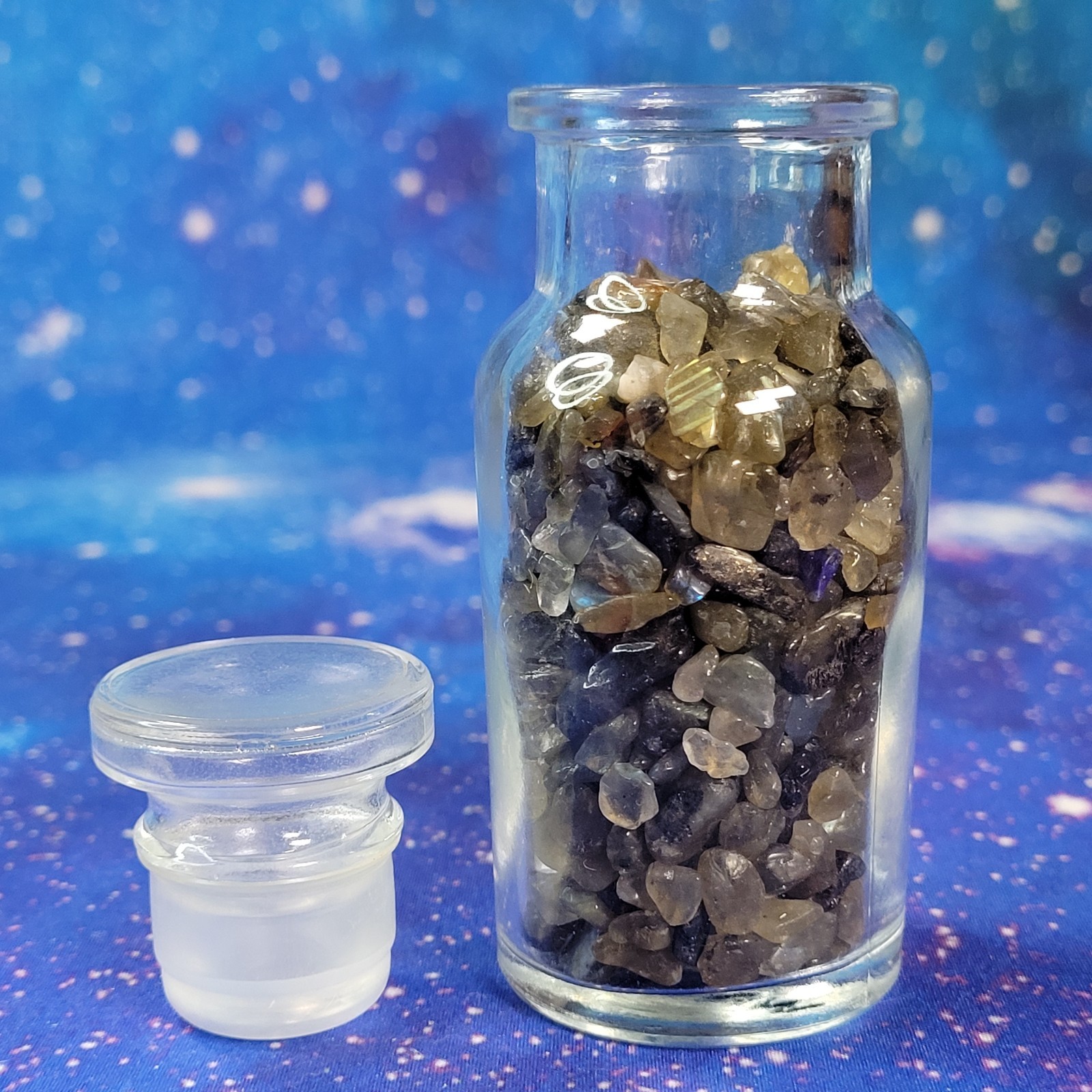 1/4 lb Labradorite Crystal Tumbled Chips in Apothecary Vintage Glass Jar Wagner
