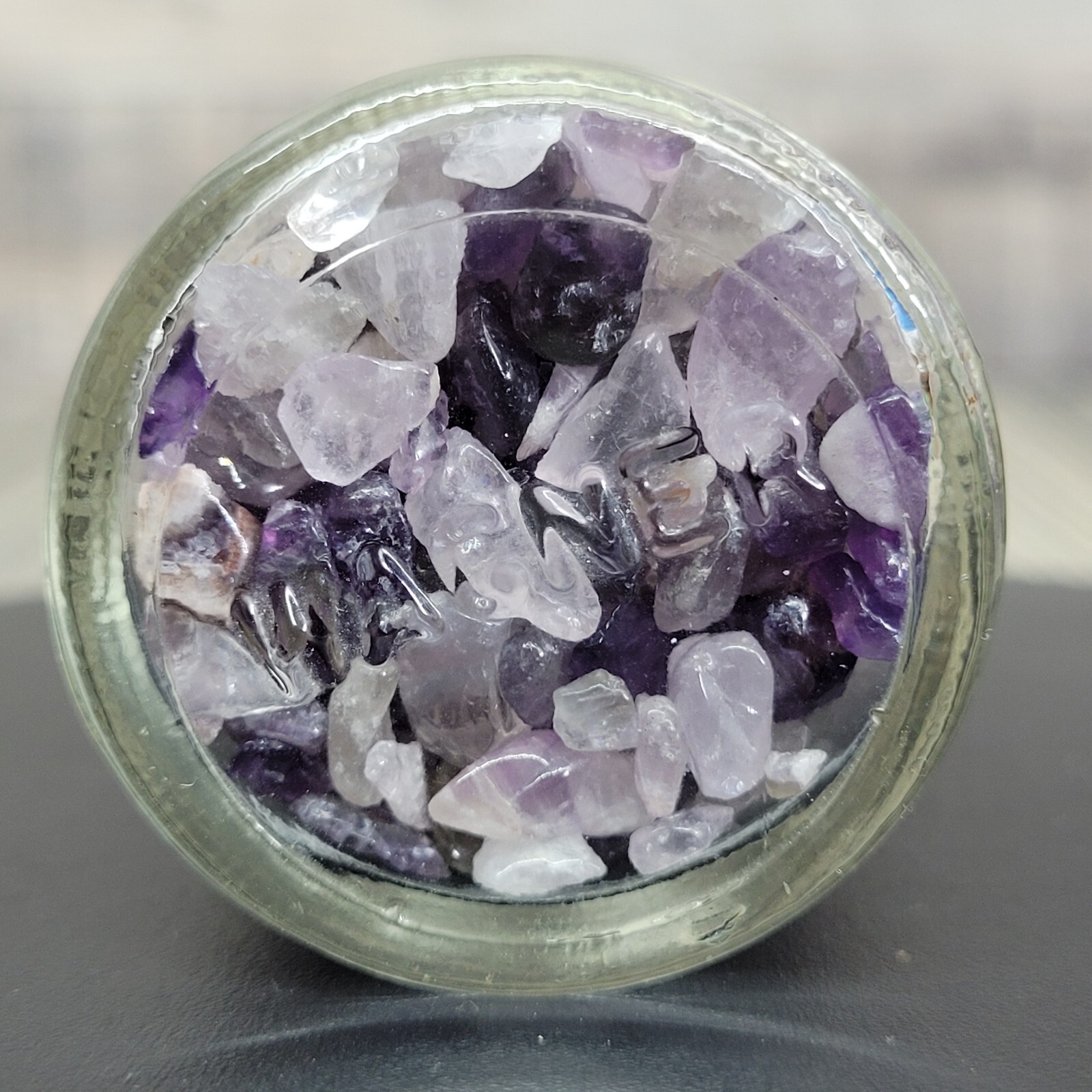 4oz Amethyst Tumbled Crystal Chips in Vintage Apothecary Glass Jar Wagner w/Cork
