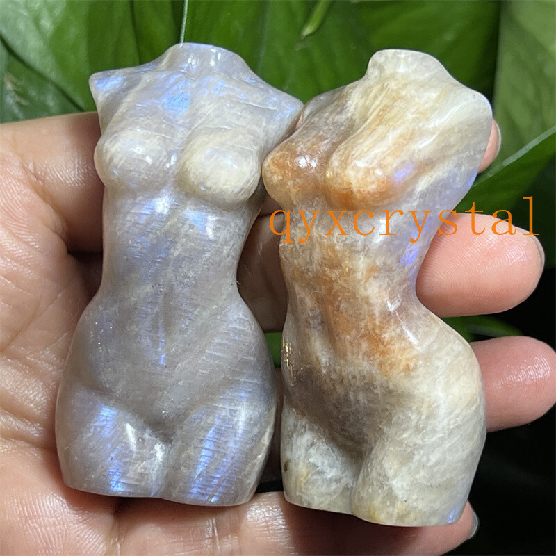 A++ Natural moonstone Carved Women Naked skull Quartz Crystal Figurines 2.4″ 1PC