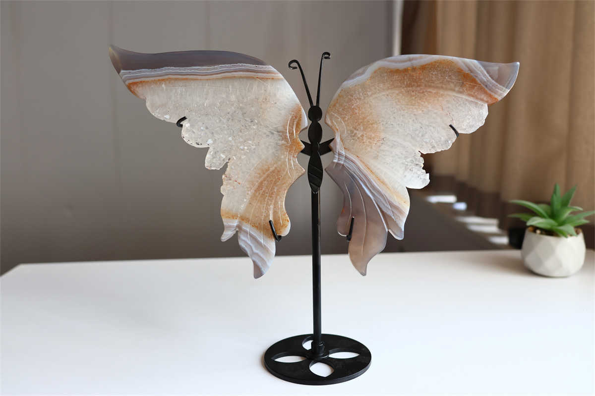 730g Natural Geode Agate Carved Butterfly Wing Reiki Crystal Decor Gift + Stand