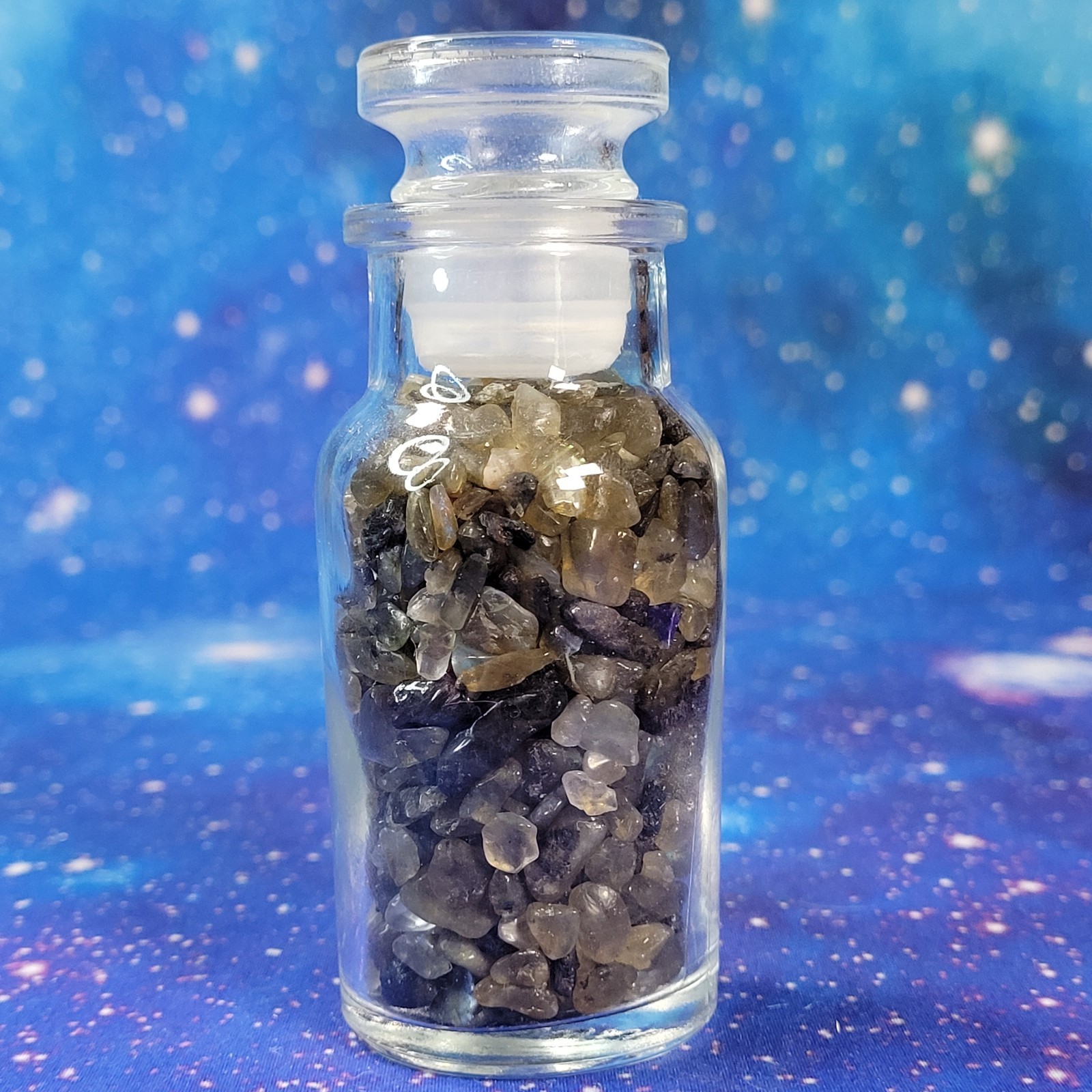 1/4 lb Labradorite Crystal Tumbled Chips in Apothecary Vintage Glass Jar Wagner