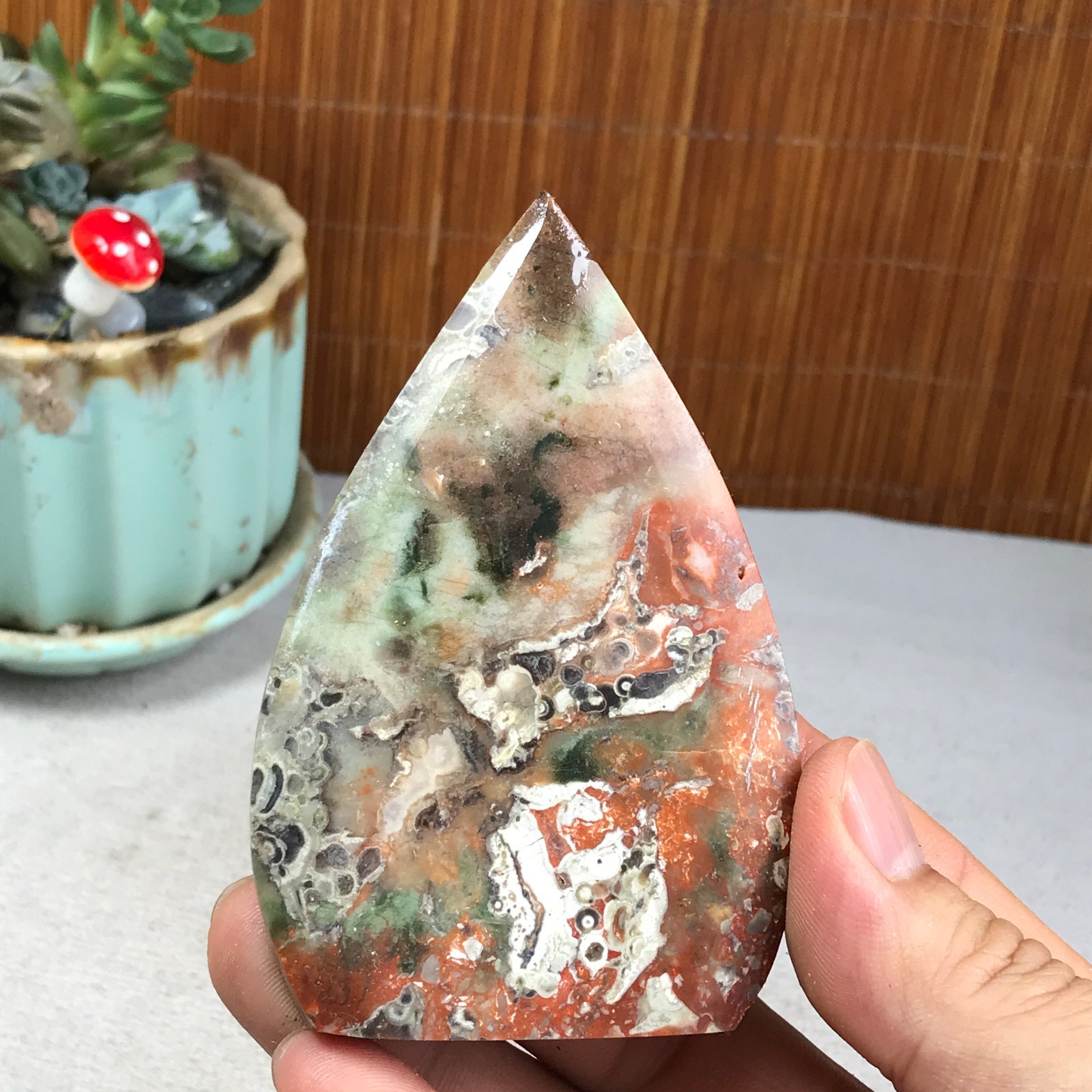 Natural money Mexico agate hand carve leaf Crystal Specimen free standing A6271