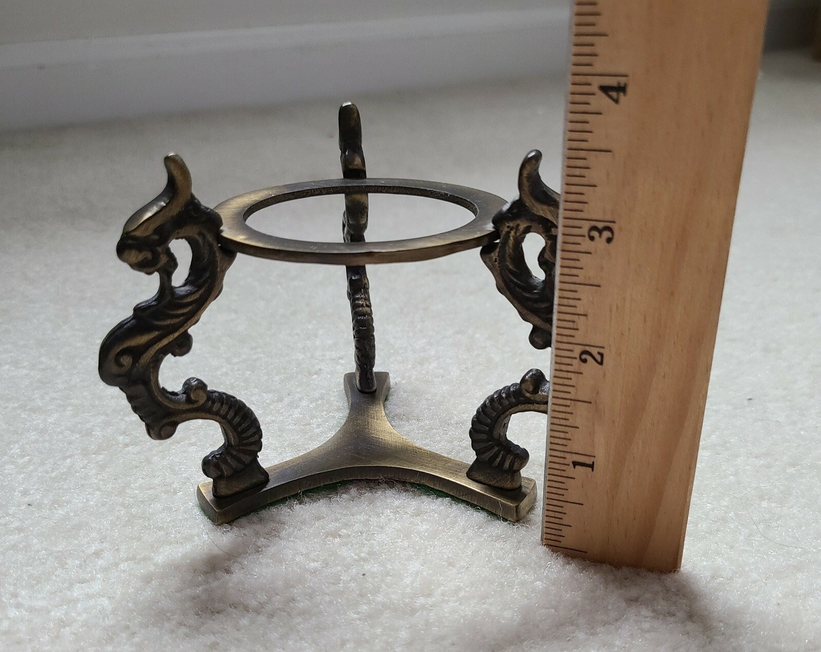 Clear Crystal on Brass Dragon Stand No Chips Not Round has Flat Bottom 3″