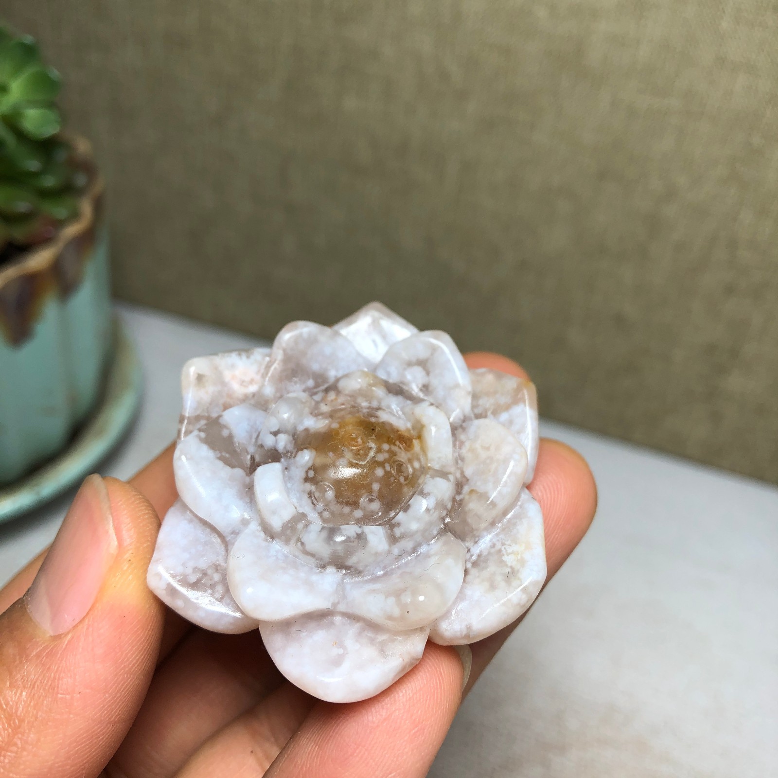 44mm Natural cherry blossom agate Hand carved flower Crystal specimens 38g A4456