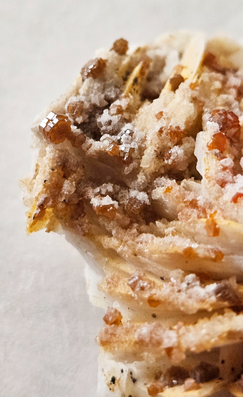 Red and Brown Vanadinite Crystals on white Barite – Mibladen, Morocco