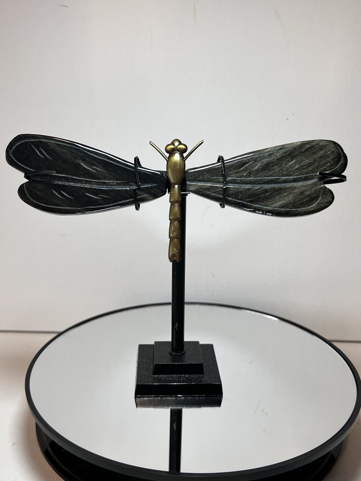 Golden Sheen Obsidian Dragon Fly Carving W/Holder – Measurements In Photos