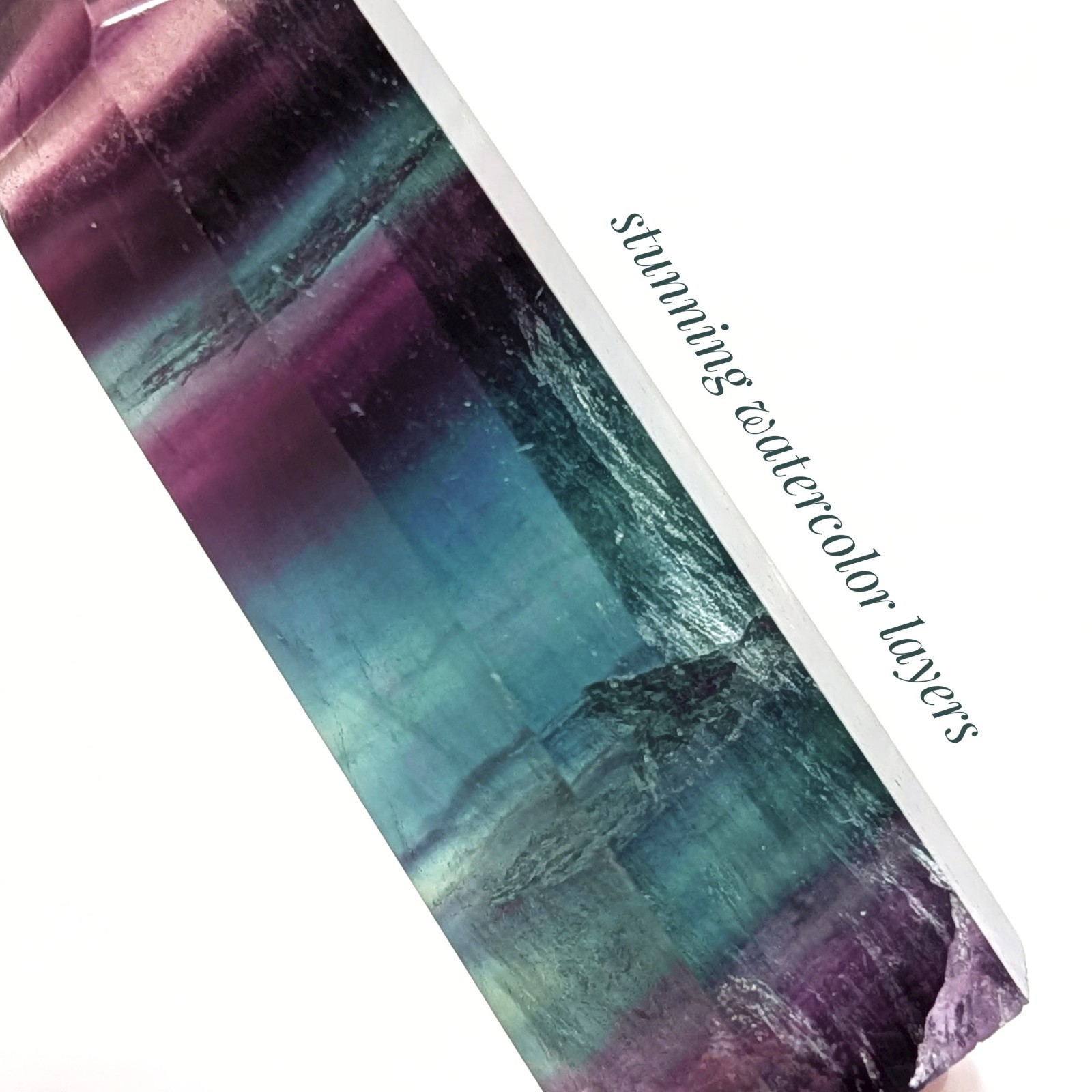 2.3″ watercolor banded fluorite tower point, purple blue teal rainbow fluorite