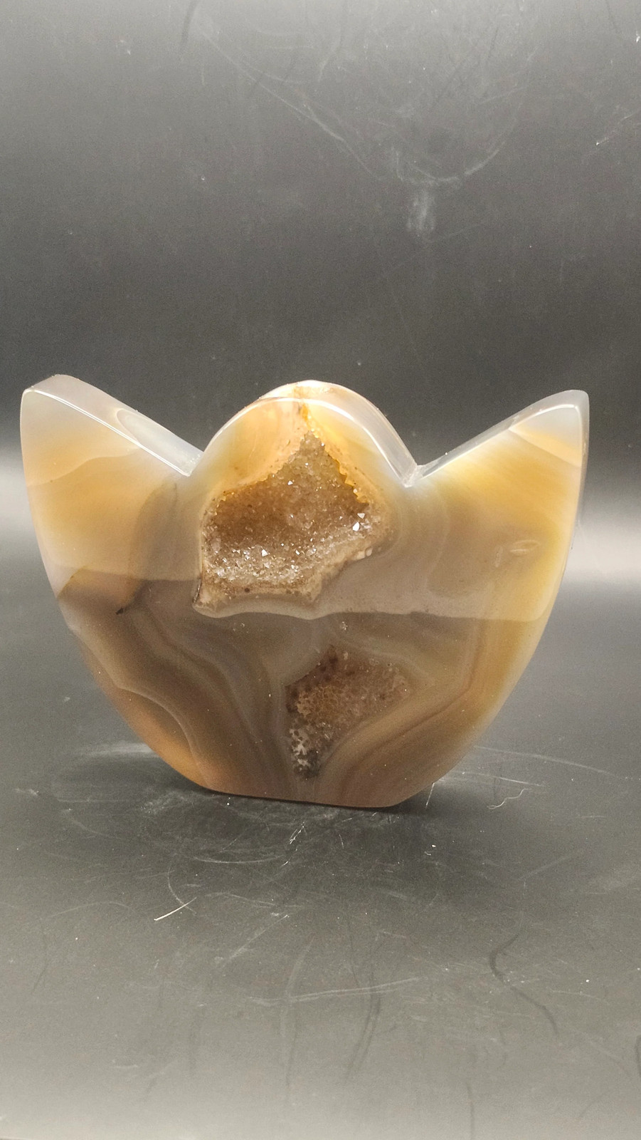 Druzy agate lotus flower. 3.75 inches wide by 2.85 tall, 7 ounces