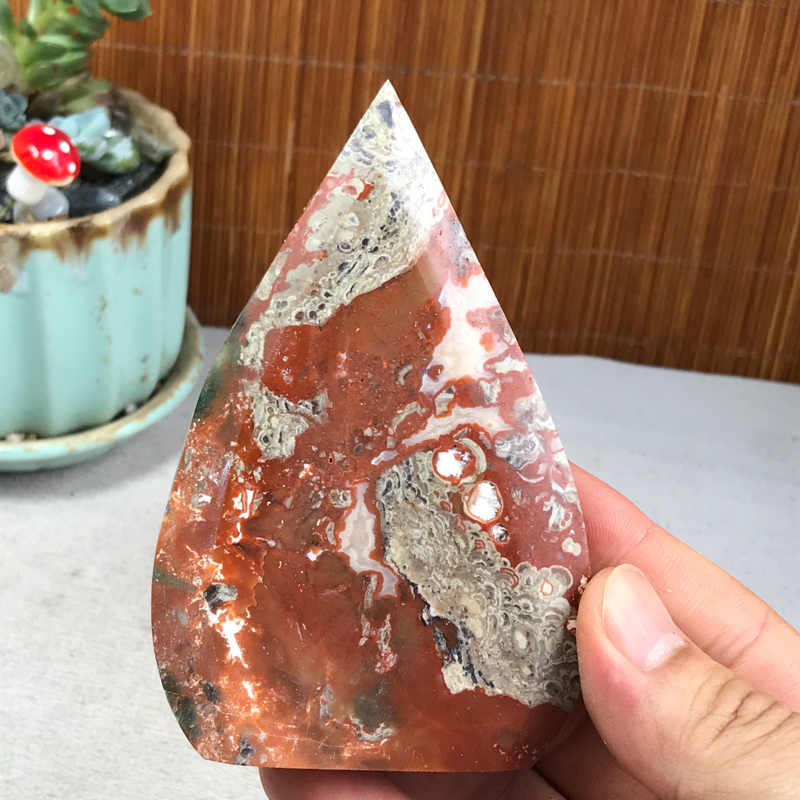 Natural money Mexico agate hand carve leaf Crystal Specimen free standing A6269