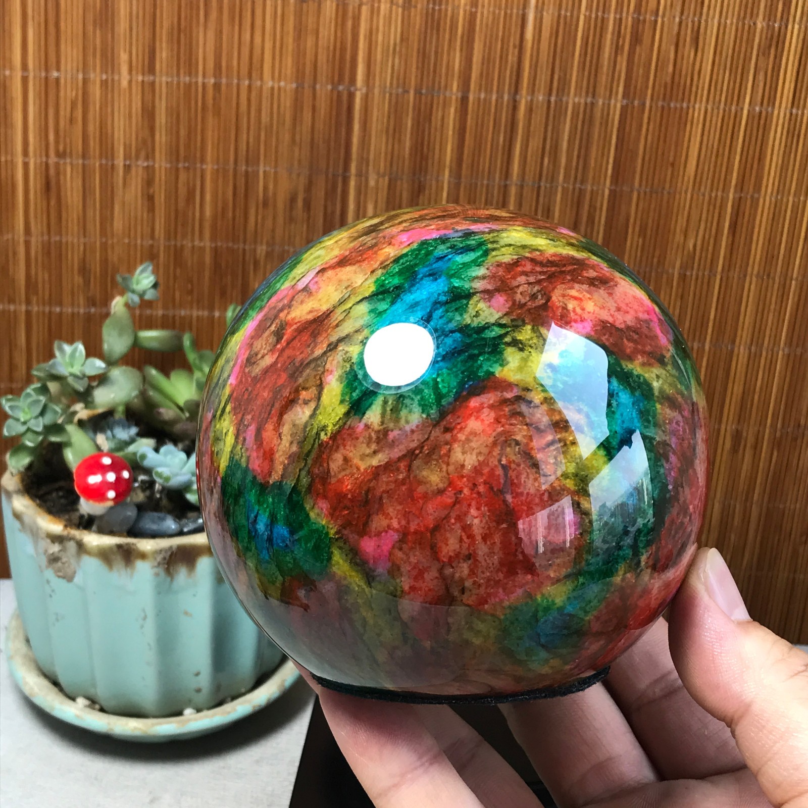 Natural “Seven Colors Jade” sphere Ball -Taiwan China 1.85kg Base Random A5802